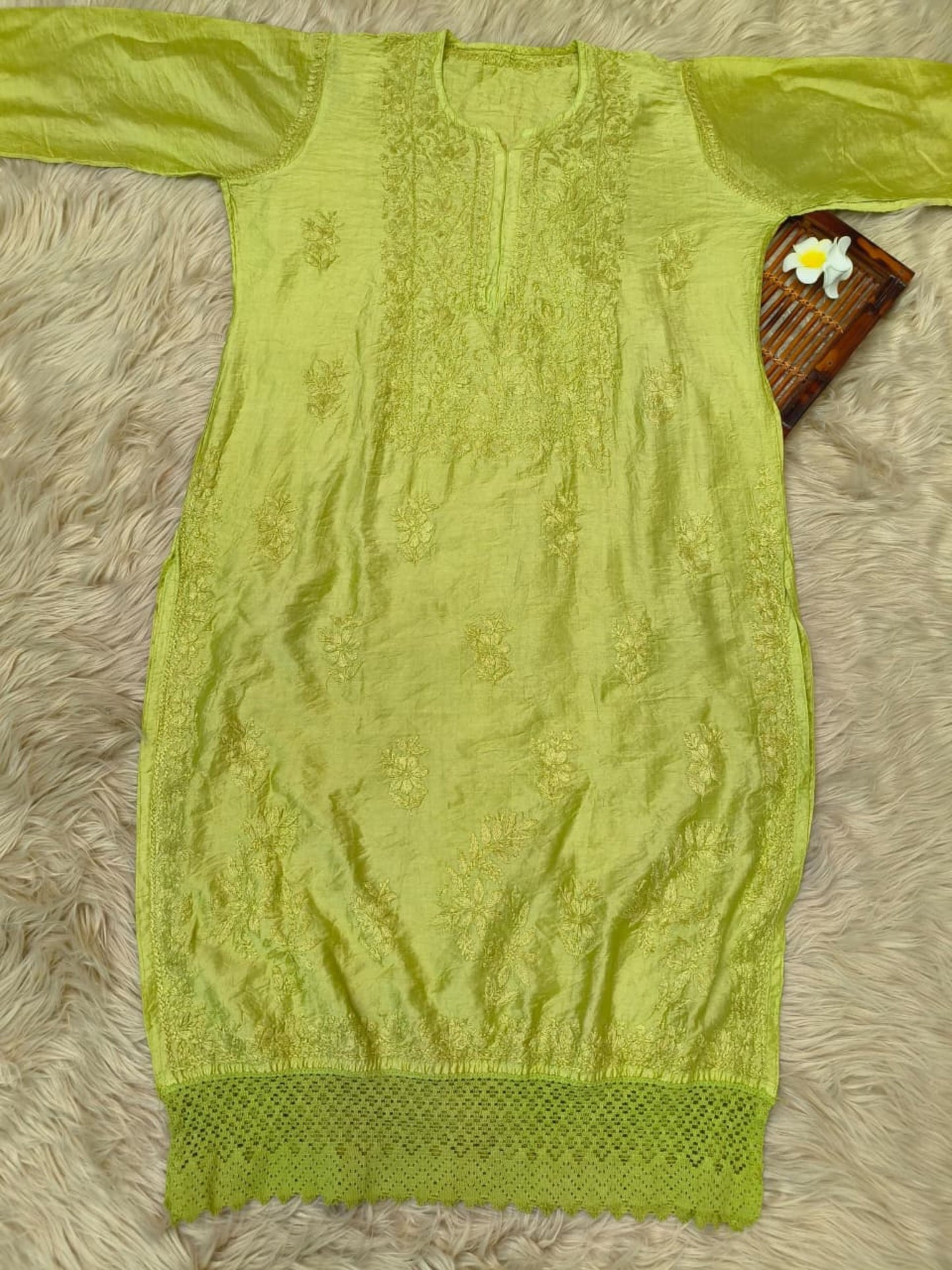 Green Chanderi Lucknow Chikankari Kurta with hand embroidery – soft & premium quality