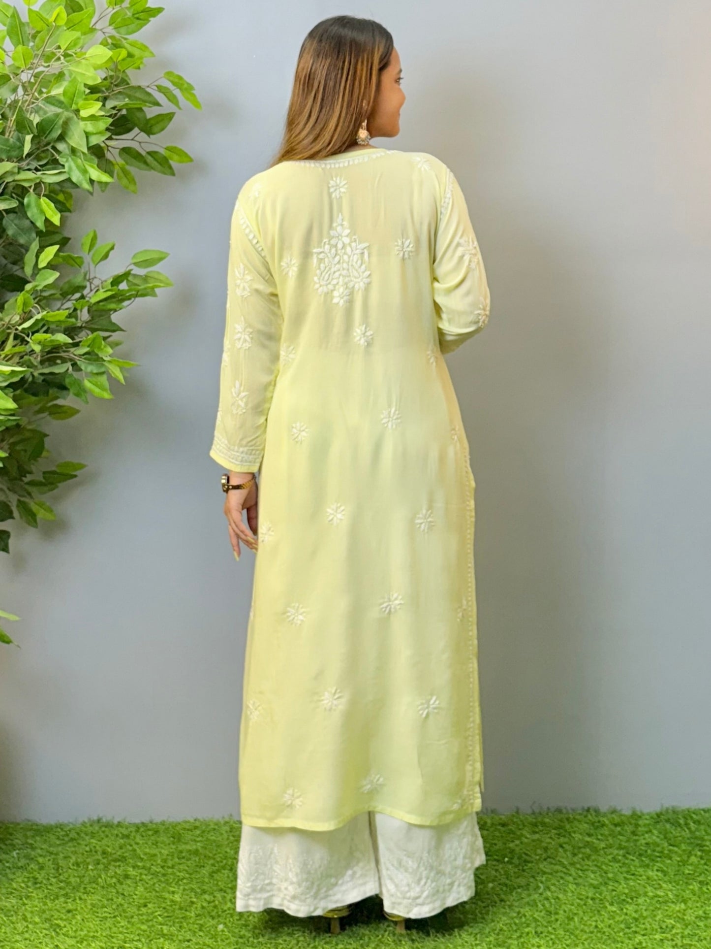 Yellow Lucknow Chikankari Kurta in modal fabric with white hand embroidery