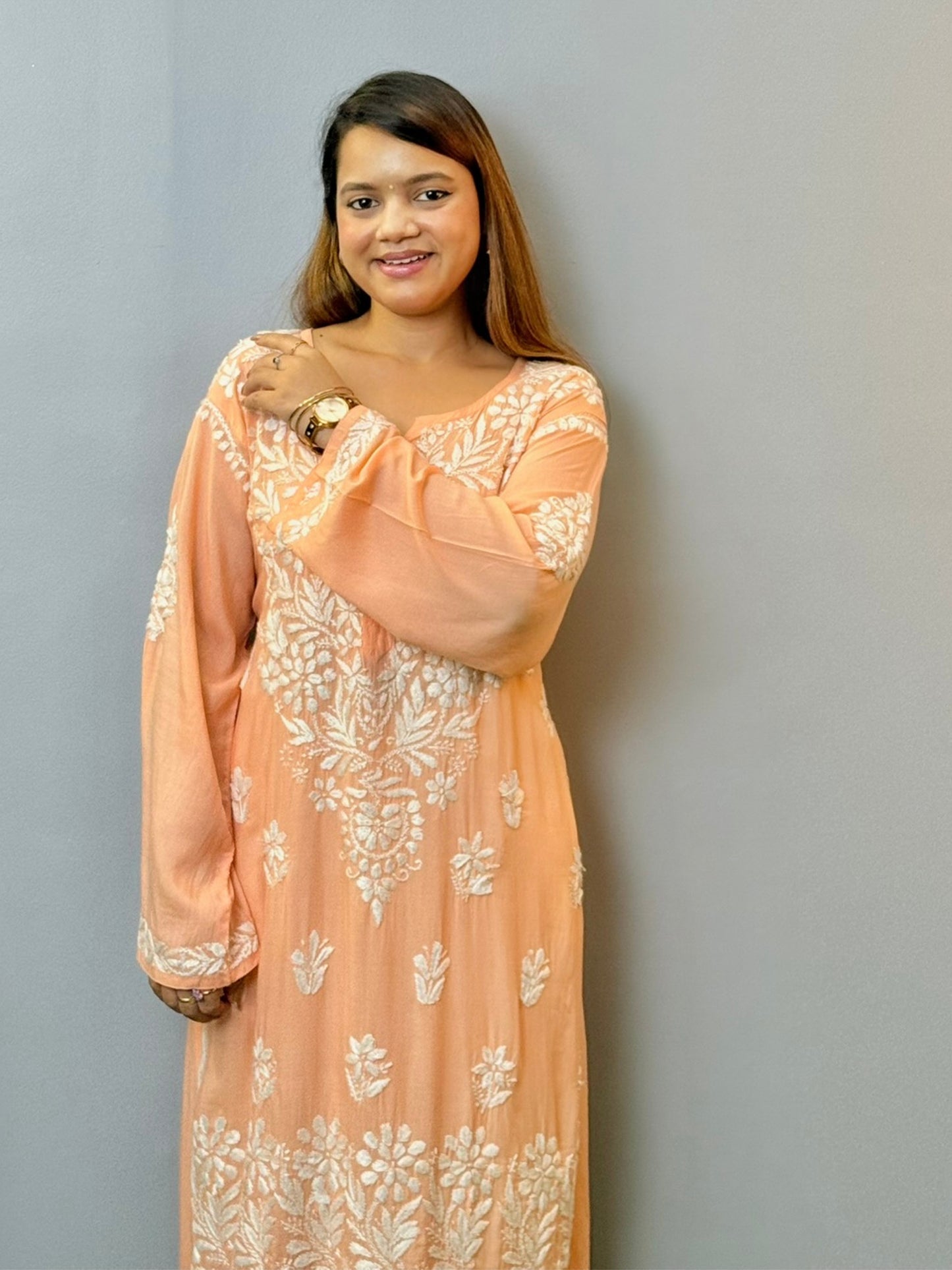 Peach modal Lucknowi Chikankari kurta with white hand embroidery