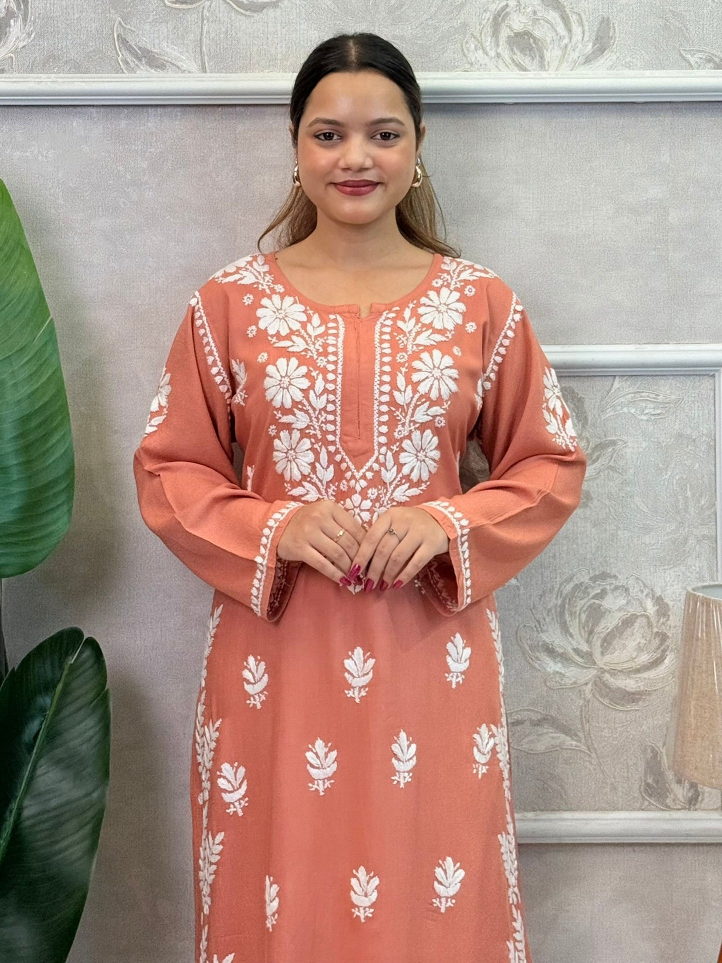 Peach rayon chikankari kurta and Afghani pant set with white hand embroidery – soft and comfortable