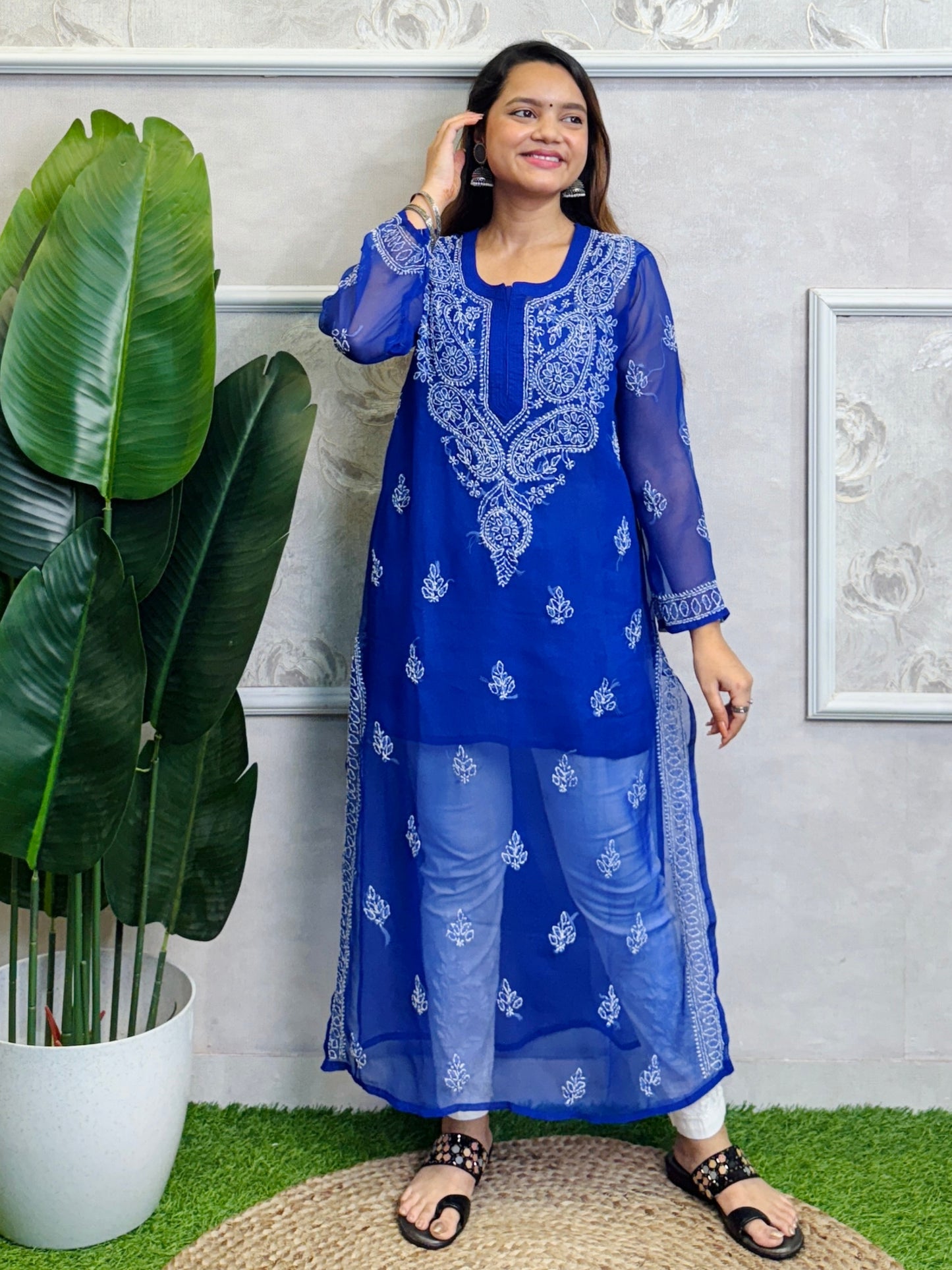 Royal Blue Lucknow Chikankari georgette kurta with hand embroidery