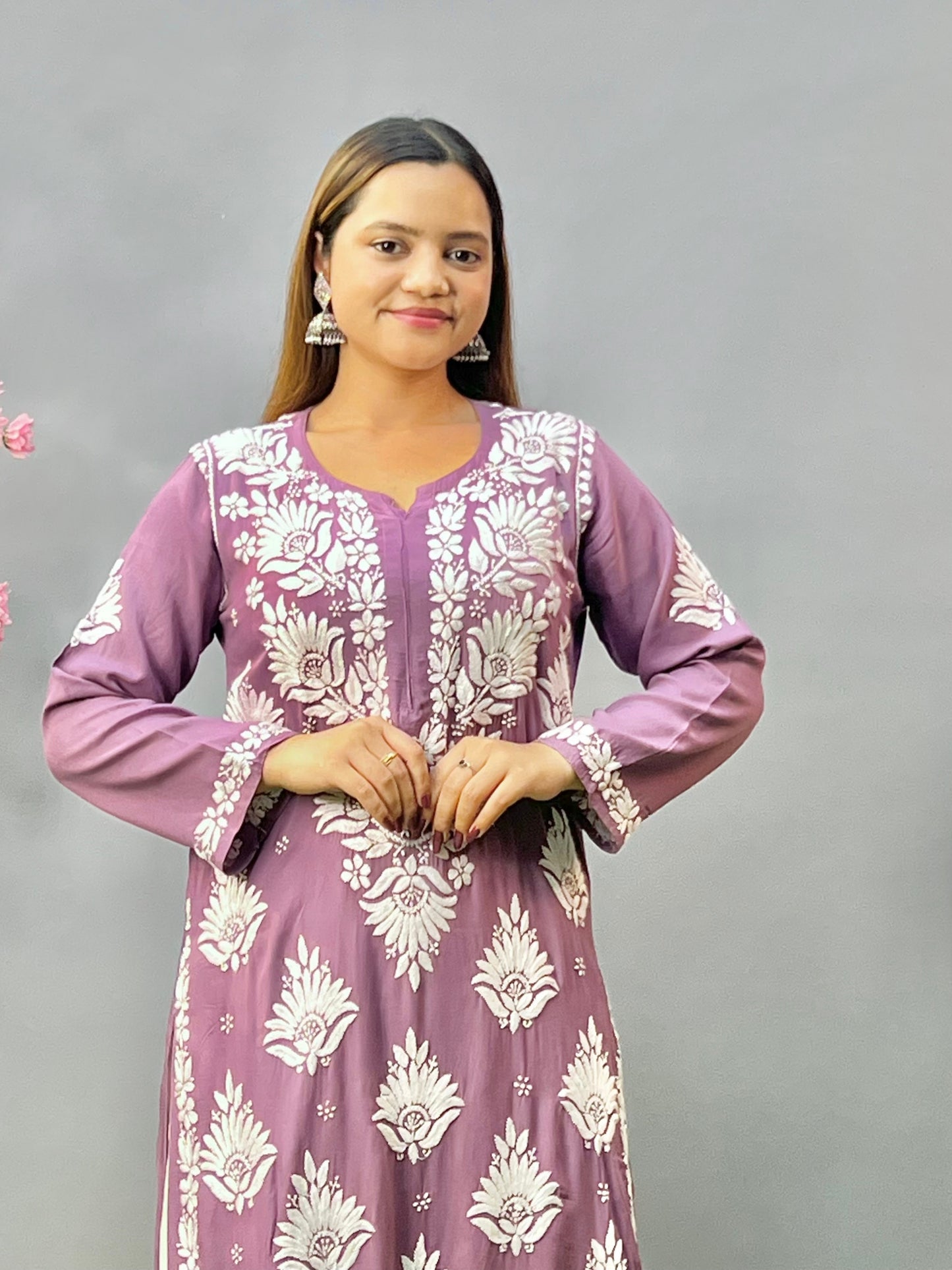 Lavender modal fabric chikankari kurta with white embroidery