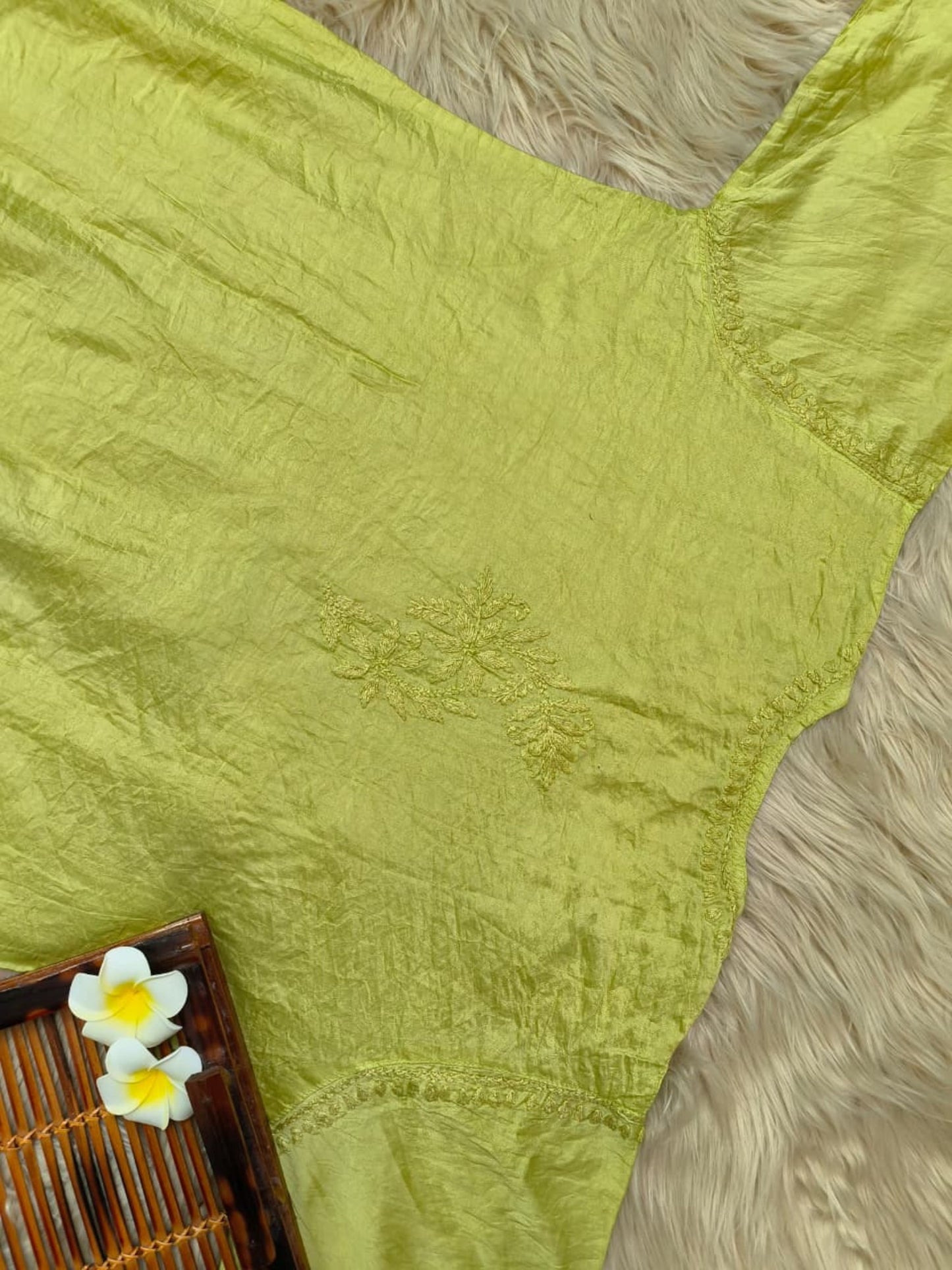 Green Chanderi Lucknow Chikankari Kurta with hand embroidery – soft & premium quality