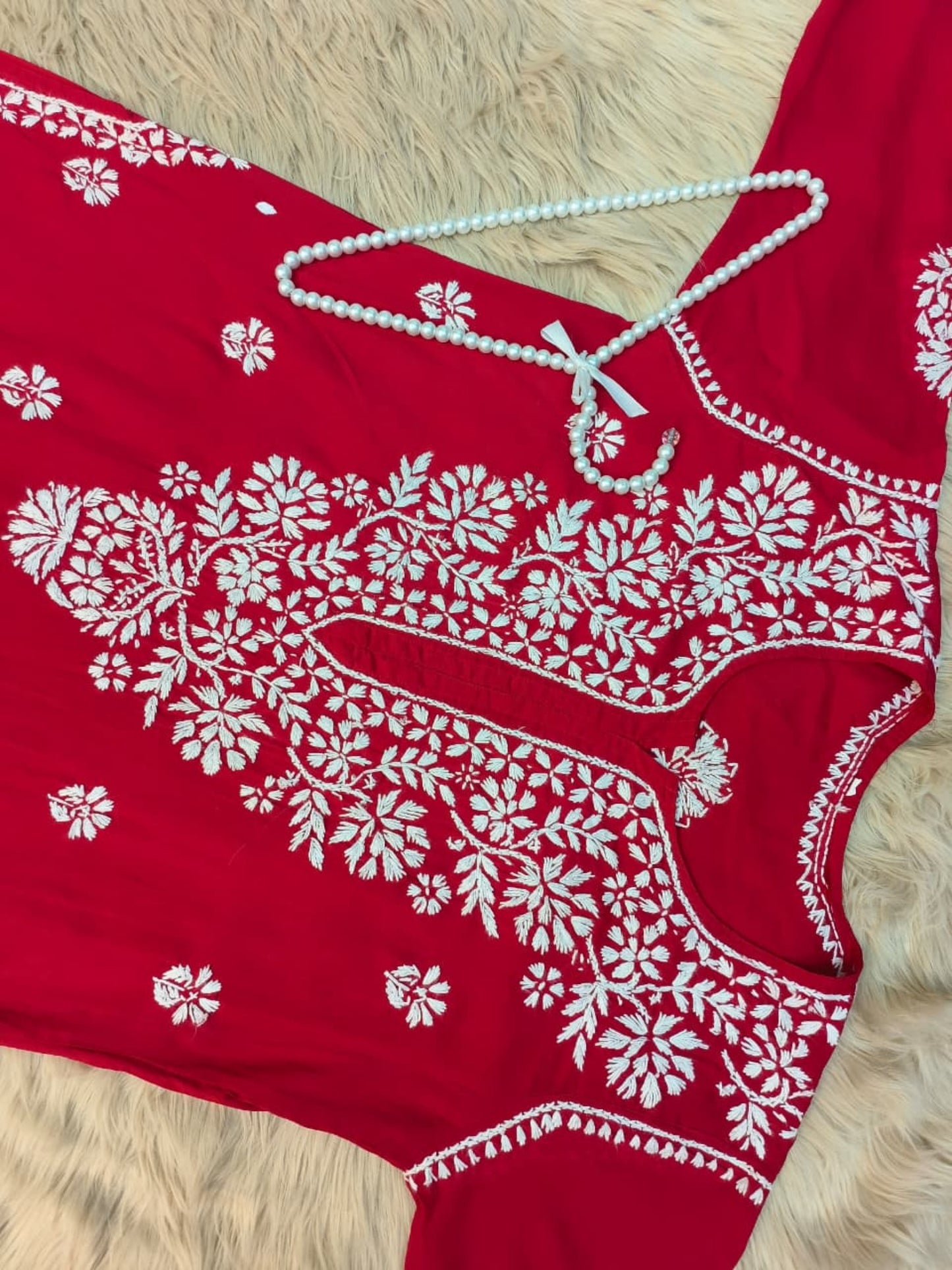 Red rayon Lucknow Chikankari kurta with white hand embroidery, premium and soft fabric