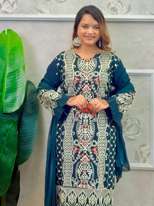 Premium Emerald Green Rayon Kurta Set with Machine Embroidery and Chiffon Dupatta β Designer Wear