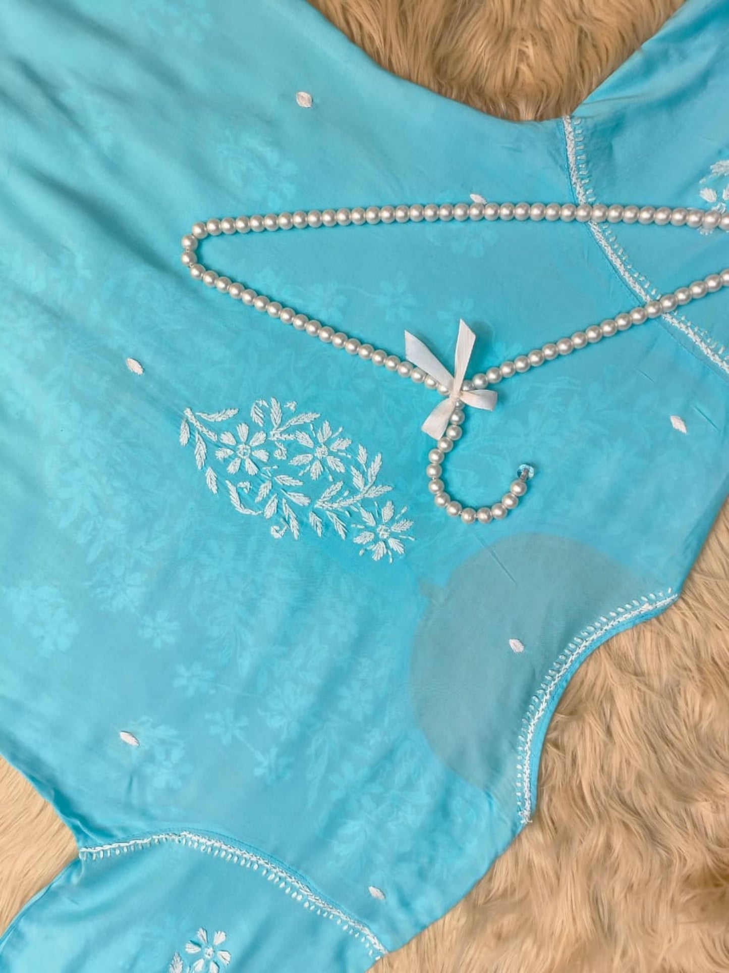 Aqua Blue Lucknow Chikankari Modal Kurta with delicate hand embroidery