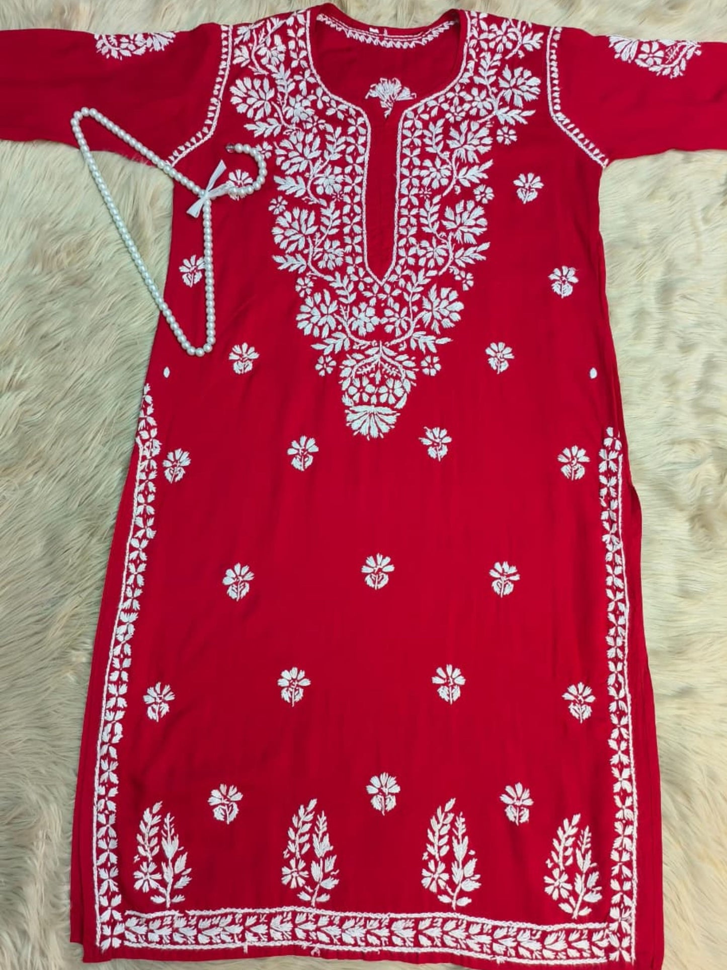 Red rayon Chikankari kurta with white floral hand embroidery – premium quality Lucknowi kurta.