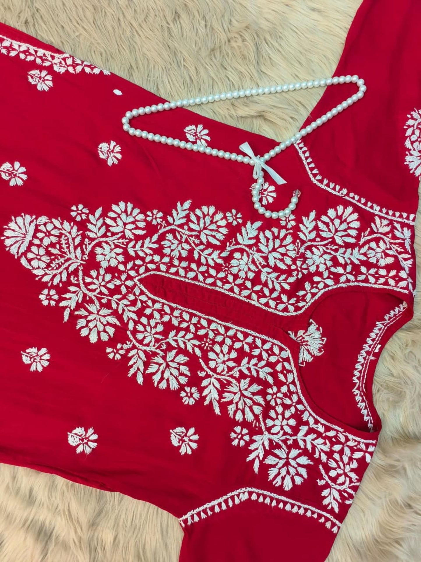 Red rayon Chikankari kurta with white floral hand embroidery – premium quality Lucknowi kurta.