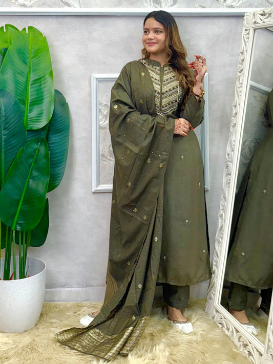 Premium Olive Green Chanderi Kurta Set with Handwork Detailing and Matching Dupatta – Designer Wear