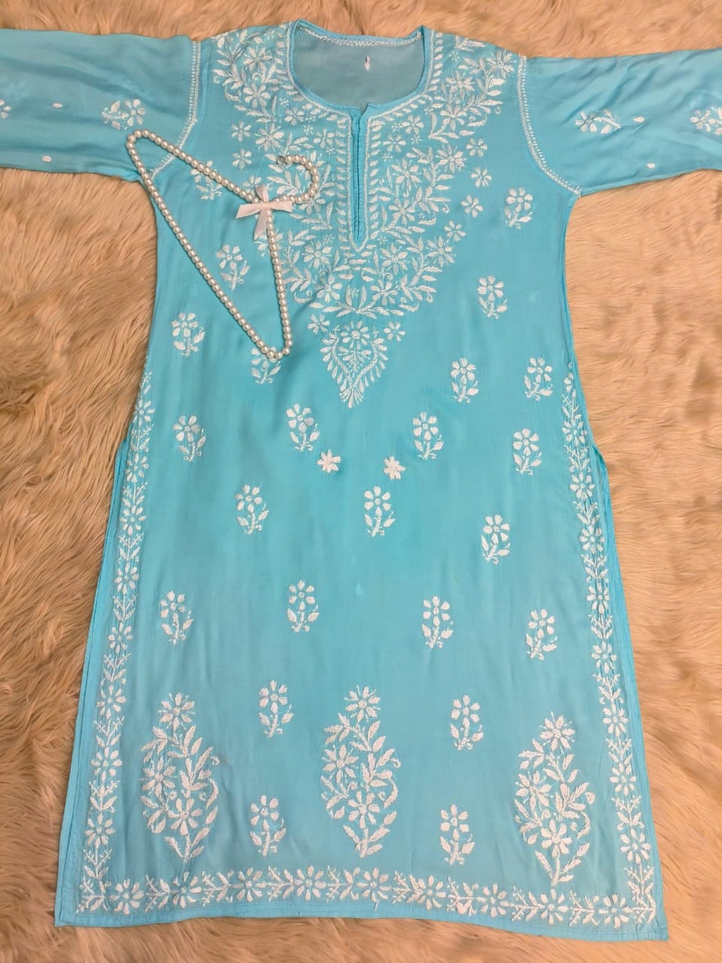 Aqua Blue Lucknow Chikankari Modal Kurta with delicate hand embroidery