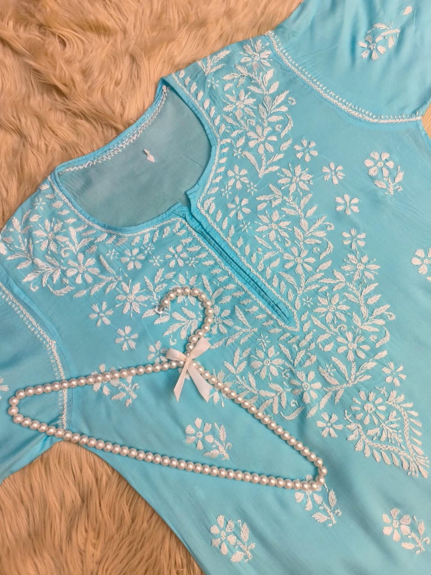 Aqua Blue Lucknow Chikankari Modal Kurta with delicate hand embroidery