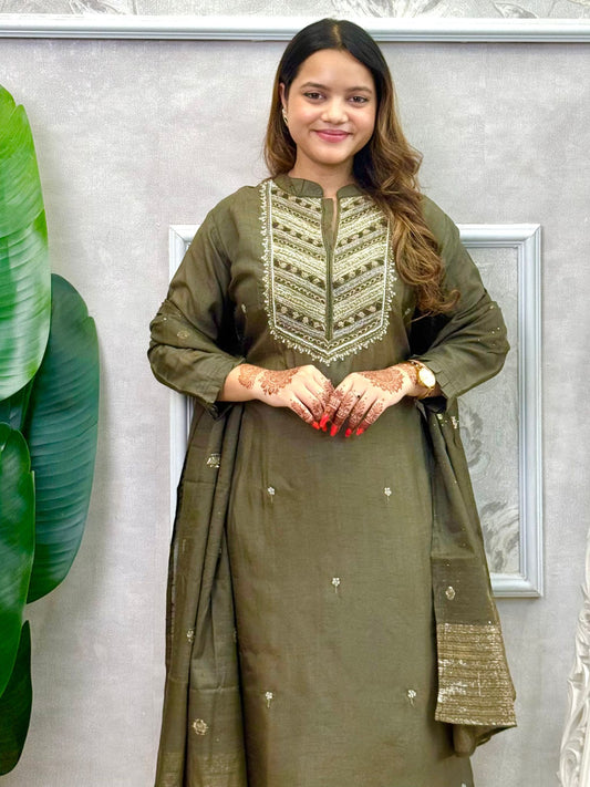 Premium Olive Green Chanderi Kurta Set with Handwork Detailing and Matching Dupatta β Designer Wear