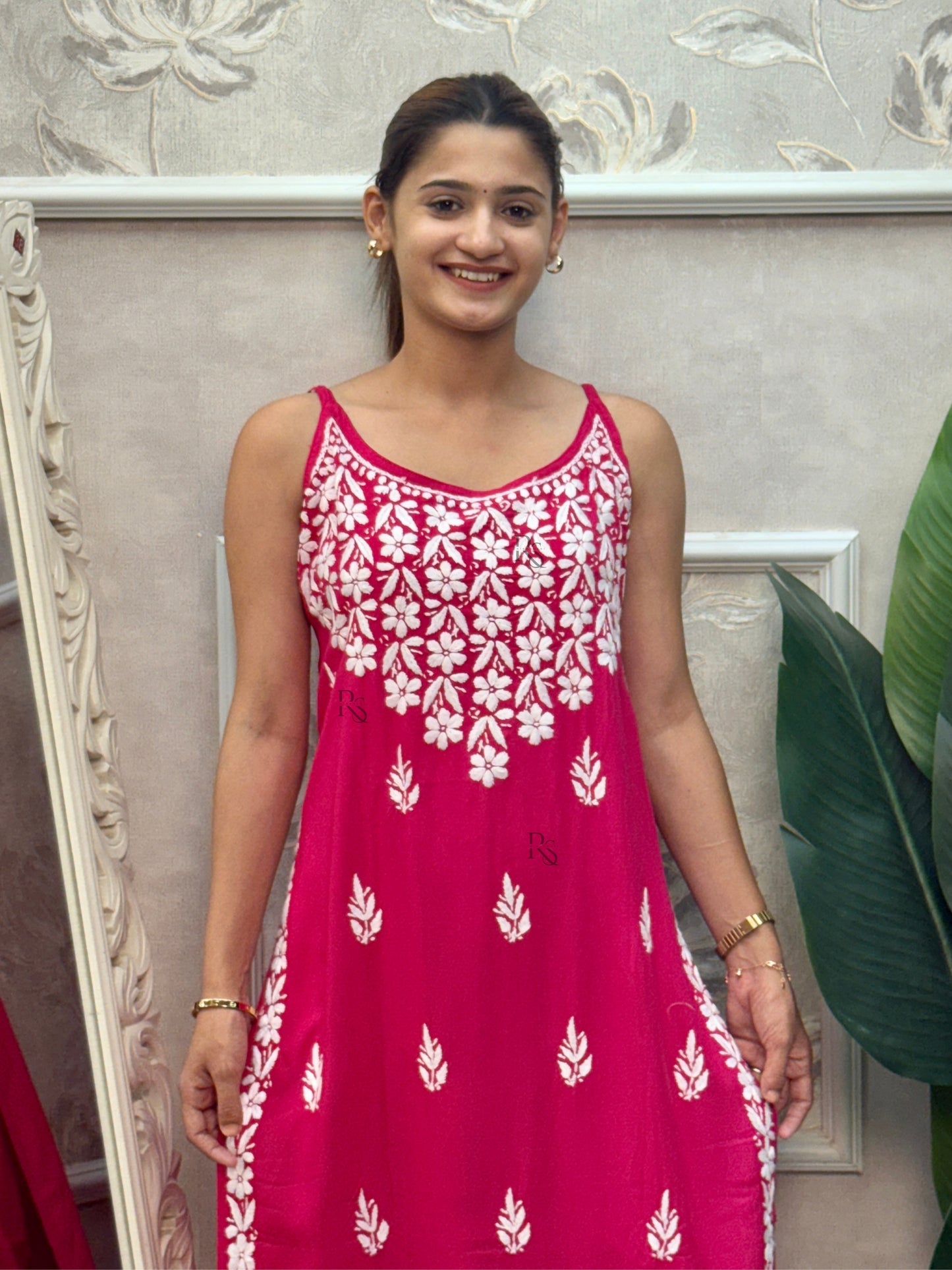 Lucknow Chikankari Sleeveless Rayon Kurta & Pant Set – Hand Embroidered (Rani Pink)