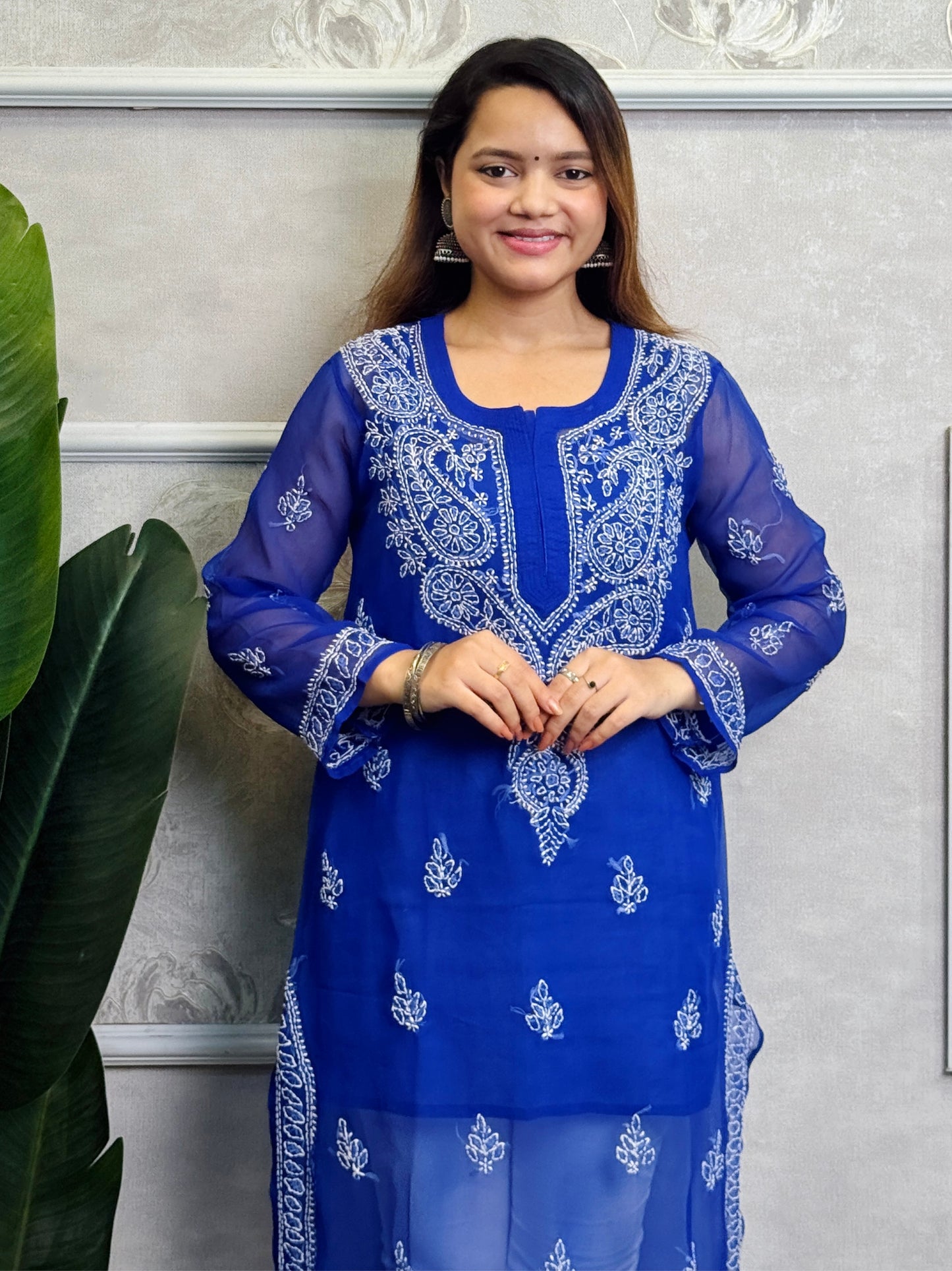 Royal Blue Lucknow Chikankari georgette kurta with hand embroidery