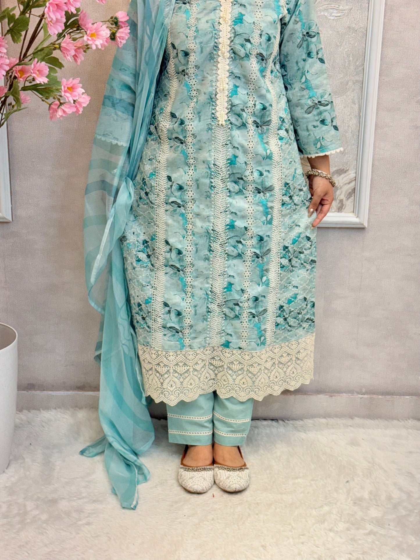 Aqua blue mulmul cotton kurta set with floral print, crochet lace, and chiffon dupatta