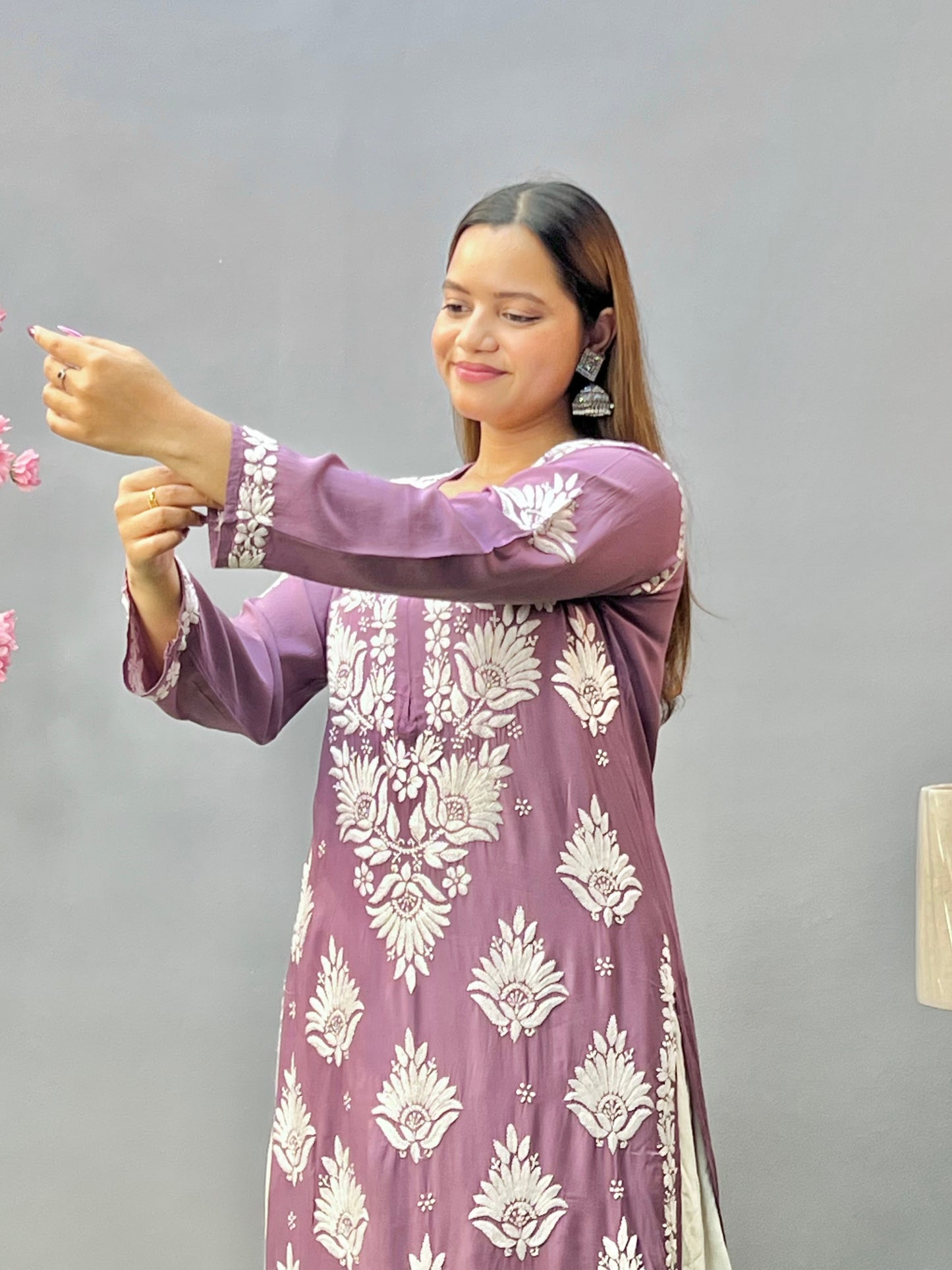 Lavender modal fabric chikankari kurta with white embroidery