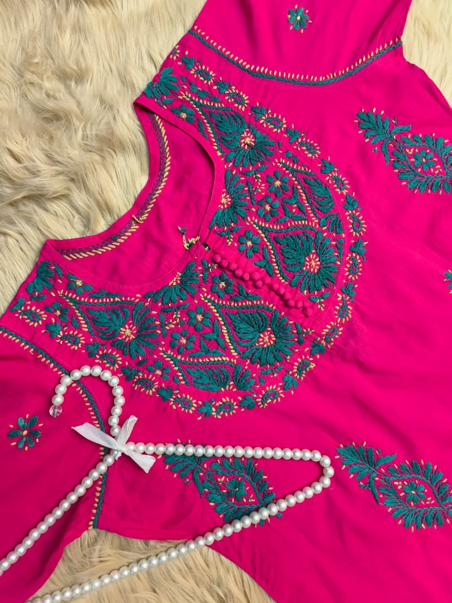 Rani Pink cotton Lucknow Chikankari kurta with contrast green hand embroidery