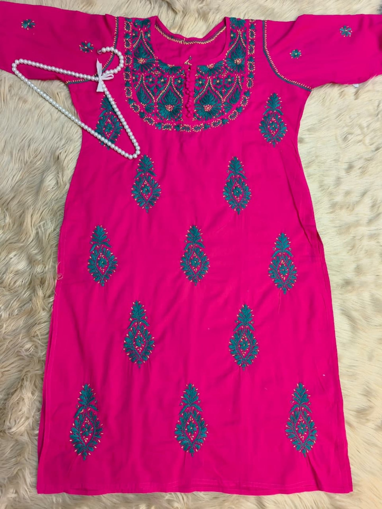 Rani Pink cotton Lucknow Chikankari kurta with contrast green hand embroidery