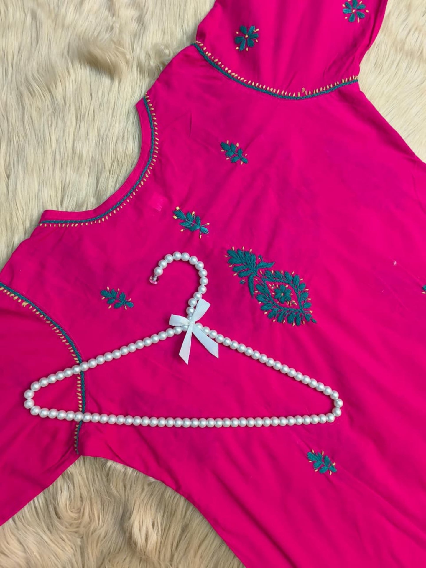 Rani Pink cotton Lucknow Chikankari kurta with contrast green hand embroidery