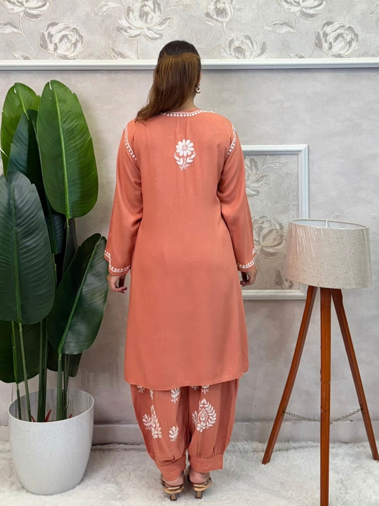 Peach rayon chikankari kurta and Afghani pant set with white hand embroidery – soft and comfortable