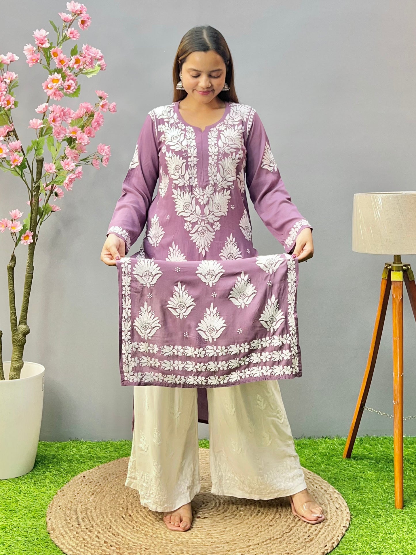 Lavender modal fabric chikankari kurta with white embroidery