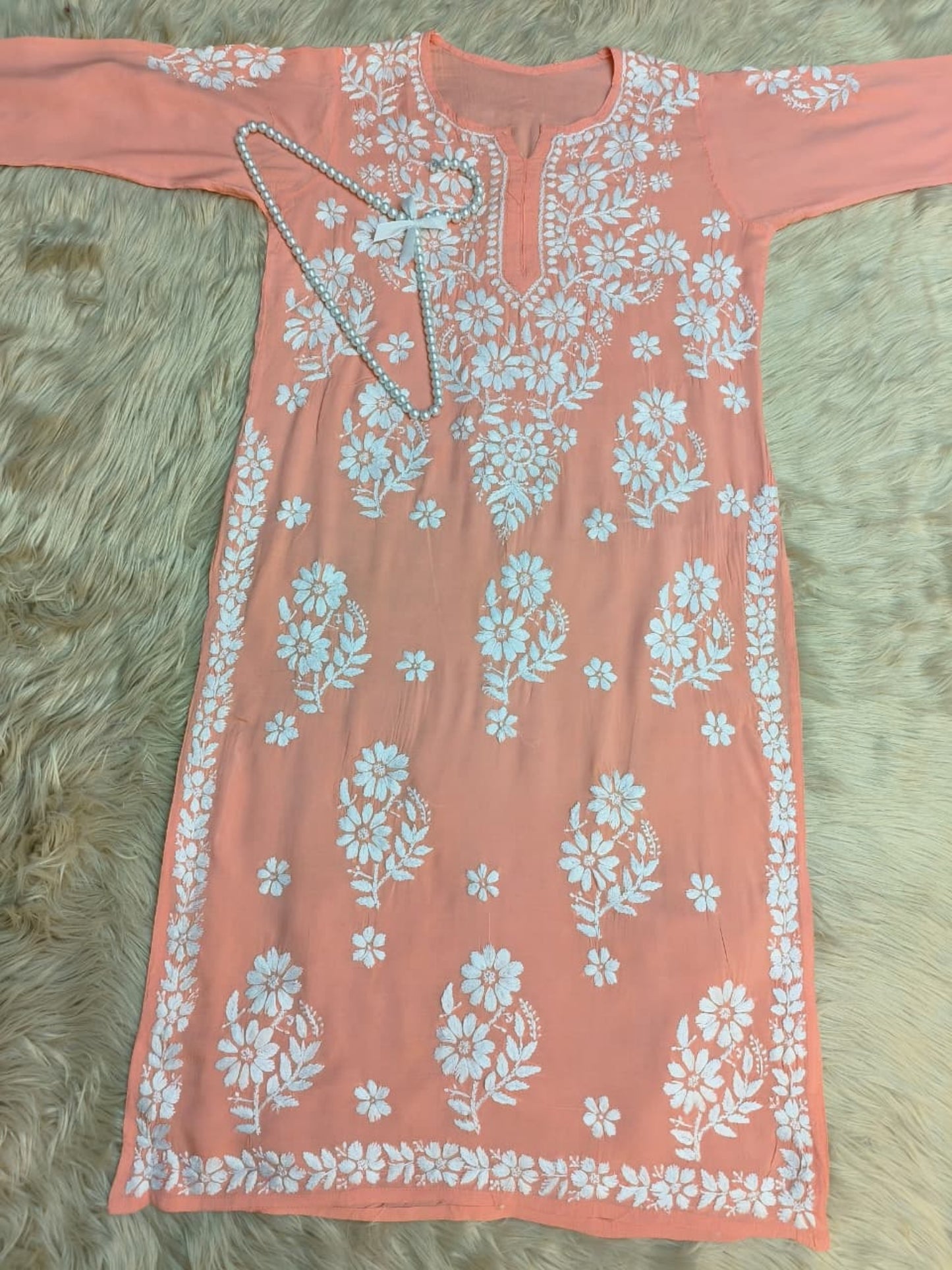 Peach Lucknow Chikankari modal kurta with white hand embroidery – soft and premium quality