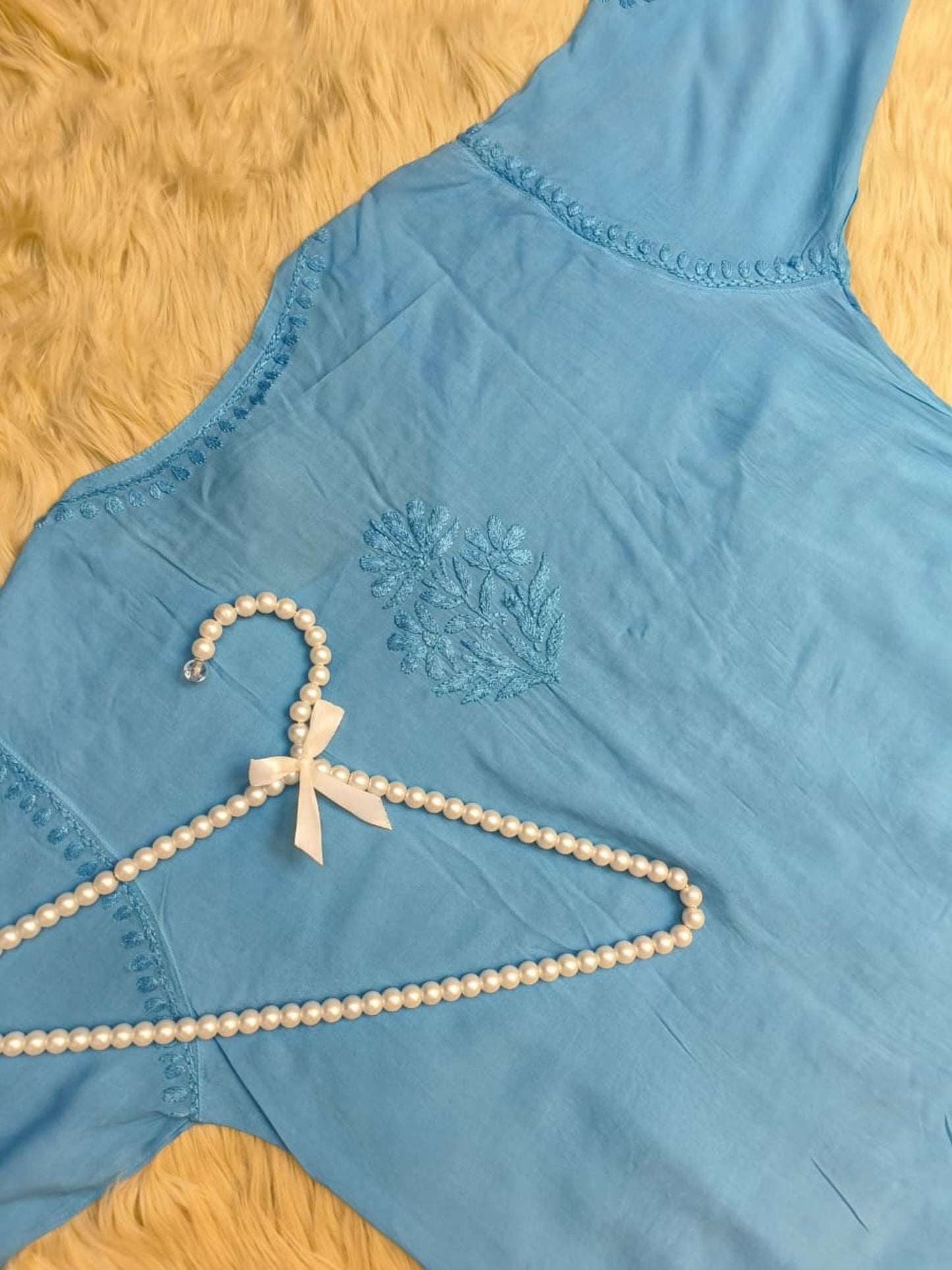 Sky blue modal fabric Lucknow Chikankari kurta with hand embroidery – soft and premium quality.