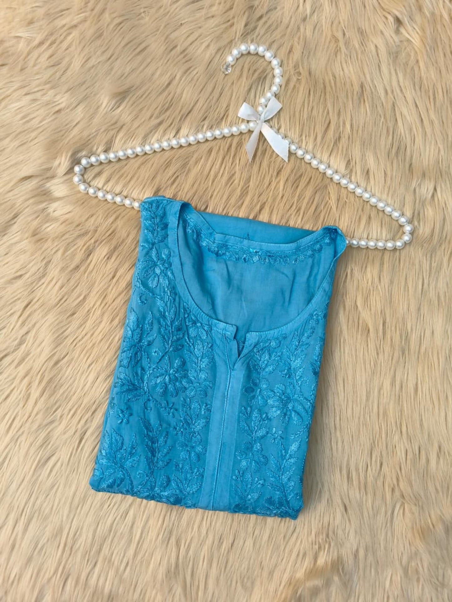 Sky blue modal fabric Lucknow Chikankari kurta with hand embroidery – soft and premium quality.