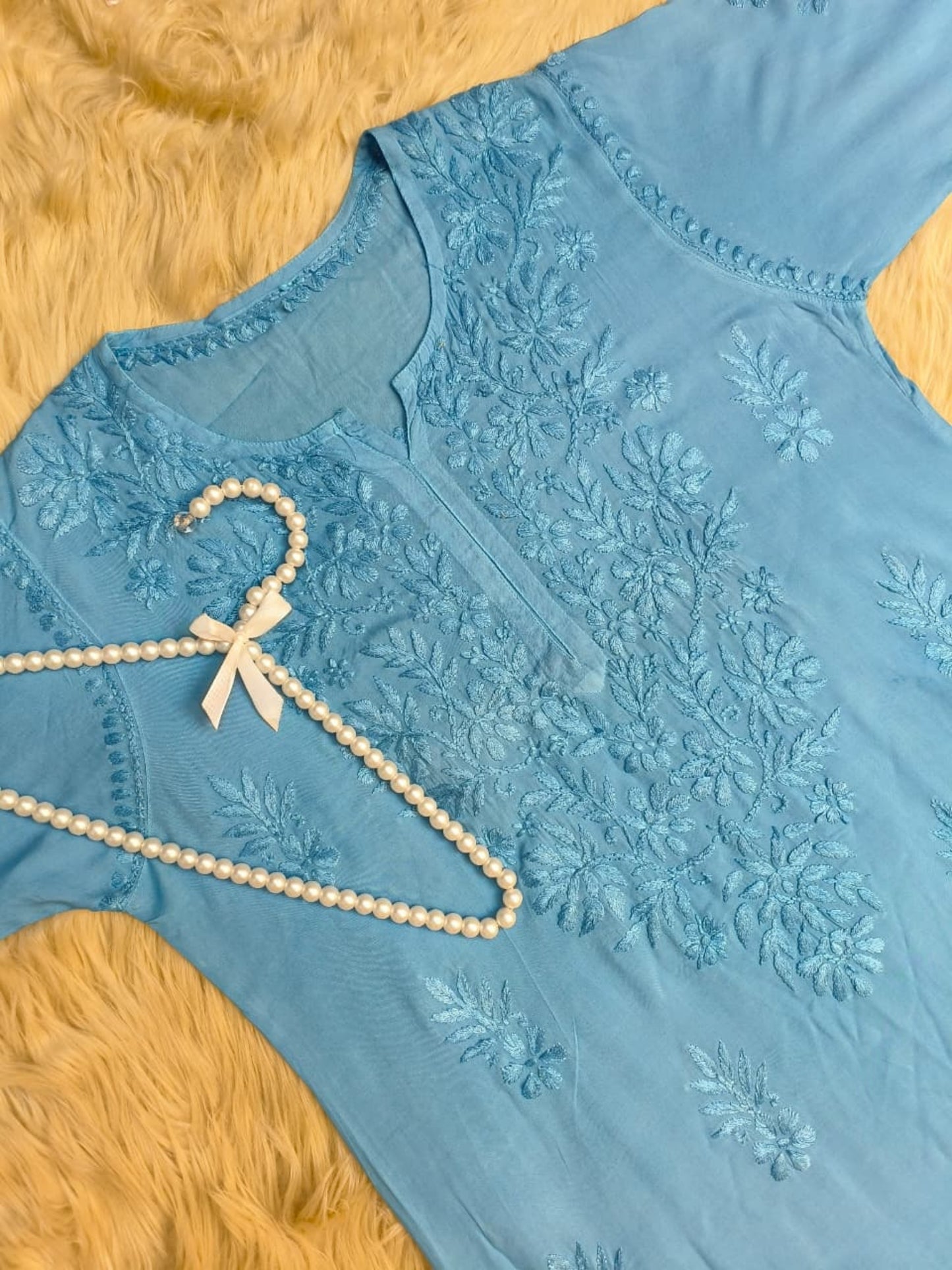 Sky blue modal fabric Lucknow Chikankari kurta with hand embroidery – soft and premium quality.