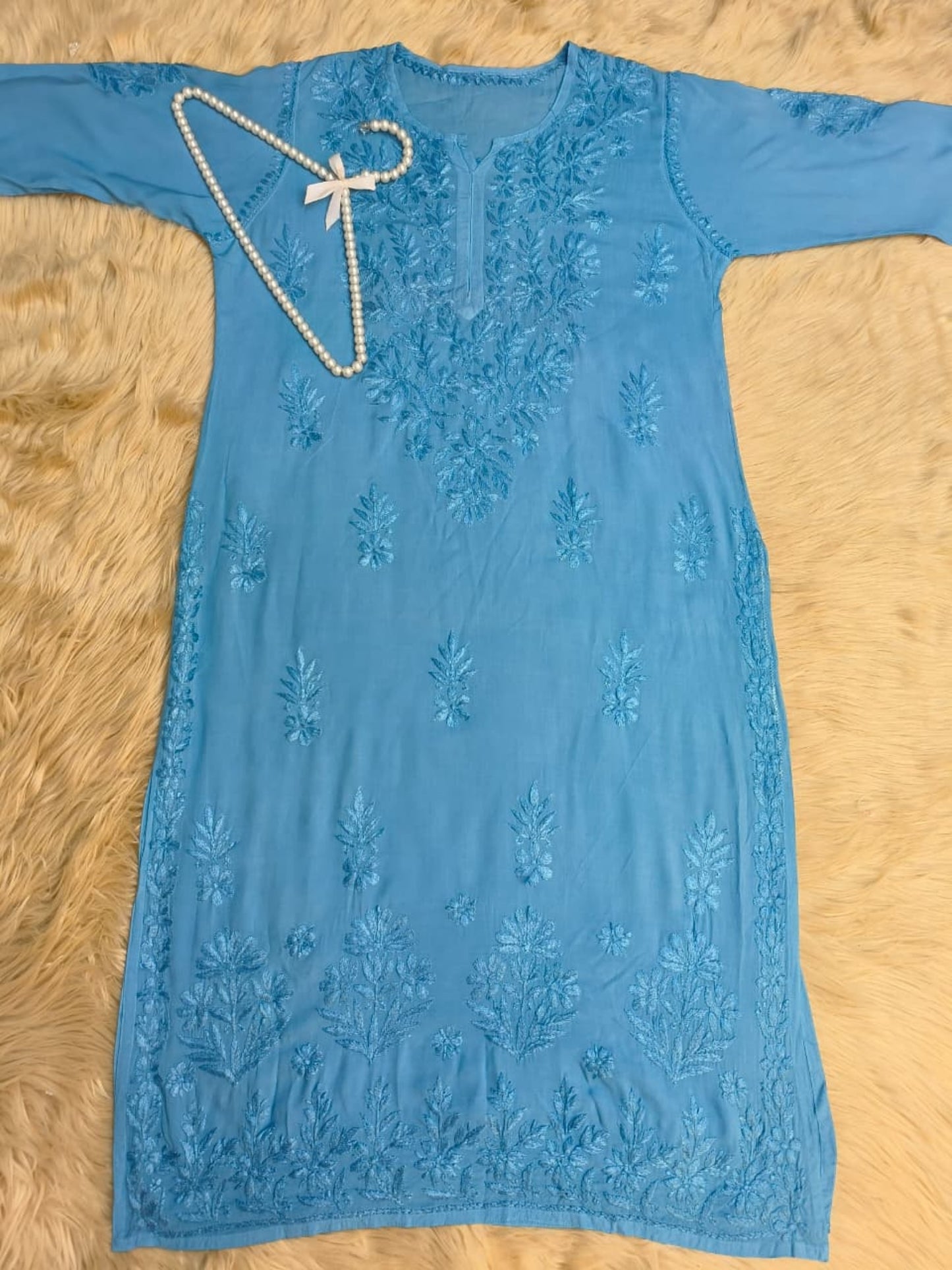 Sky blue modal fabric Lucknow Chikankari kurta with hand embroidery – soft and premium quality.