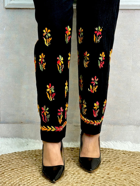 Black cotton lycra stretchable chikankari pant with multi-color floral embroidery β size 32-44, length 37