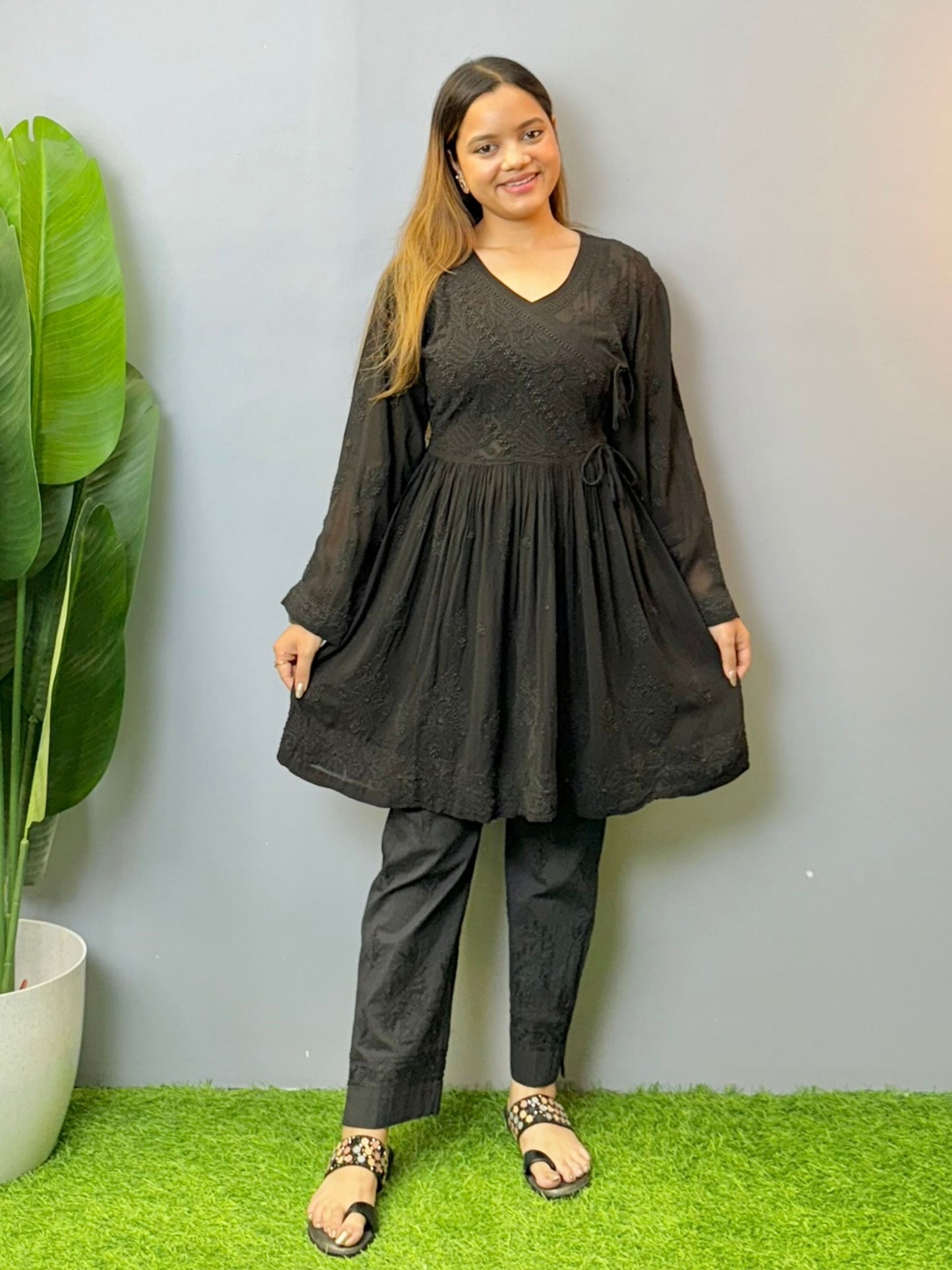 Black angrakha style short chikankari kurta in viscose fabric