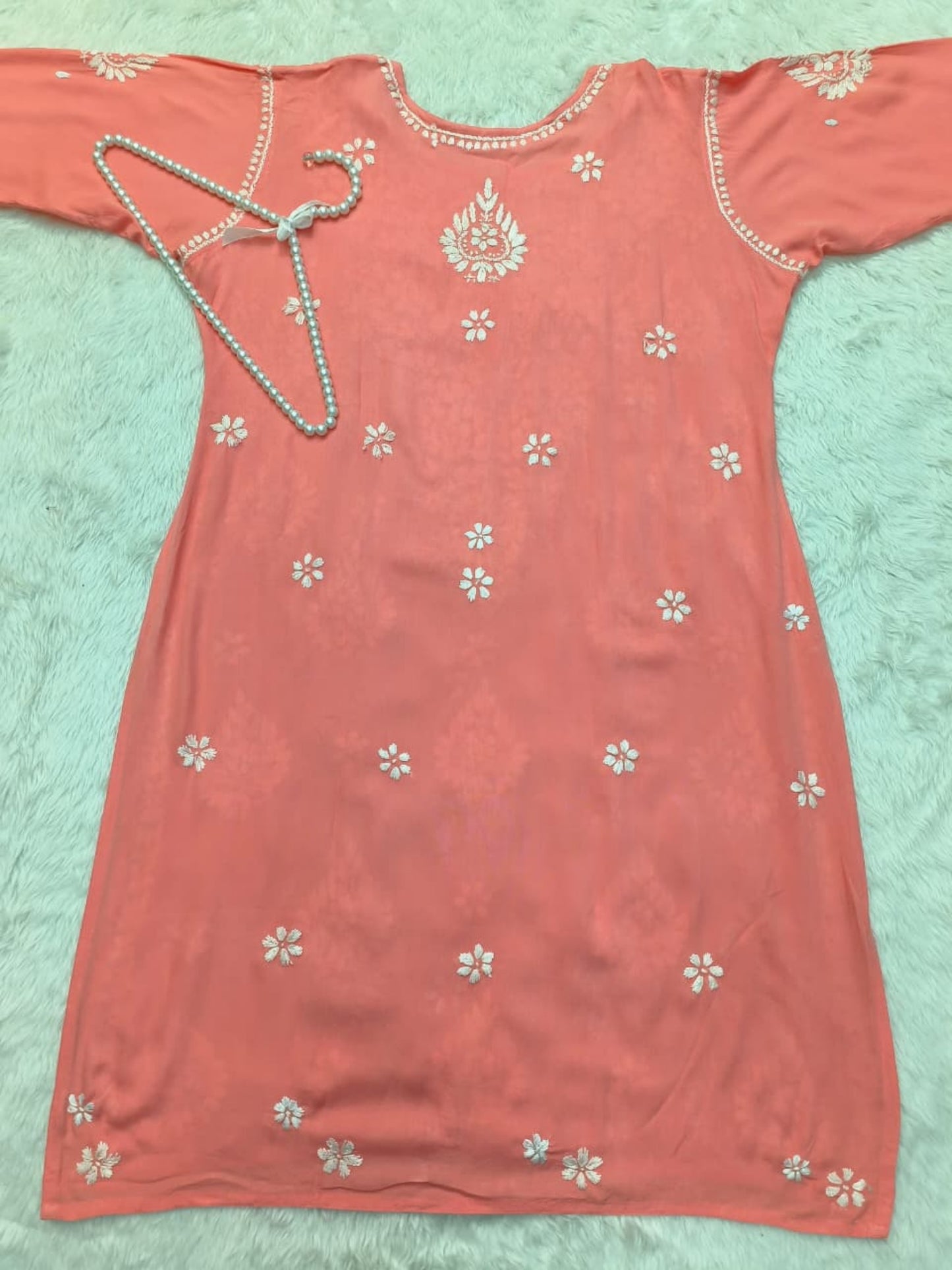 Coral peach rayon Lucknow chikankari kurta and pant set with white hand embroidery