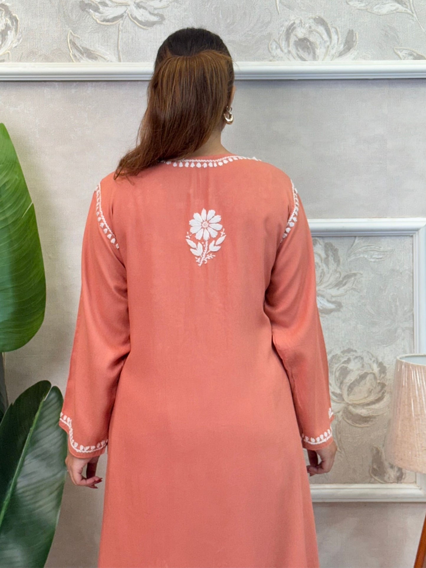 Peach rayon chikankari kurta and Afghani pant set with white hand embroidery – soft and comfortable
