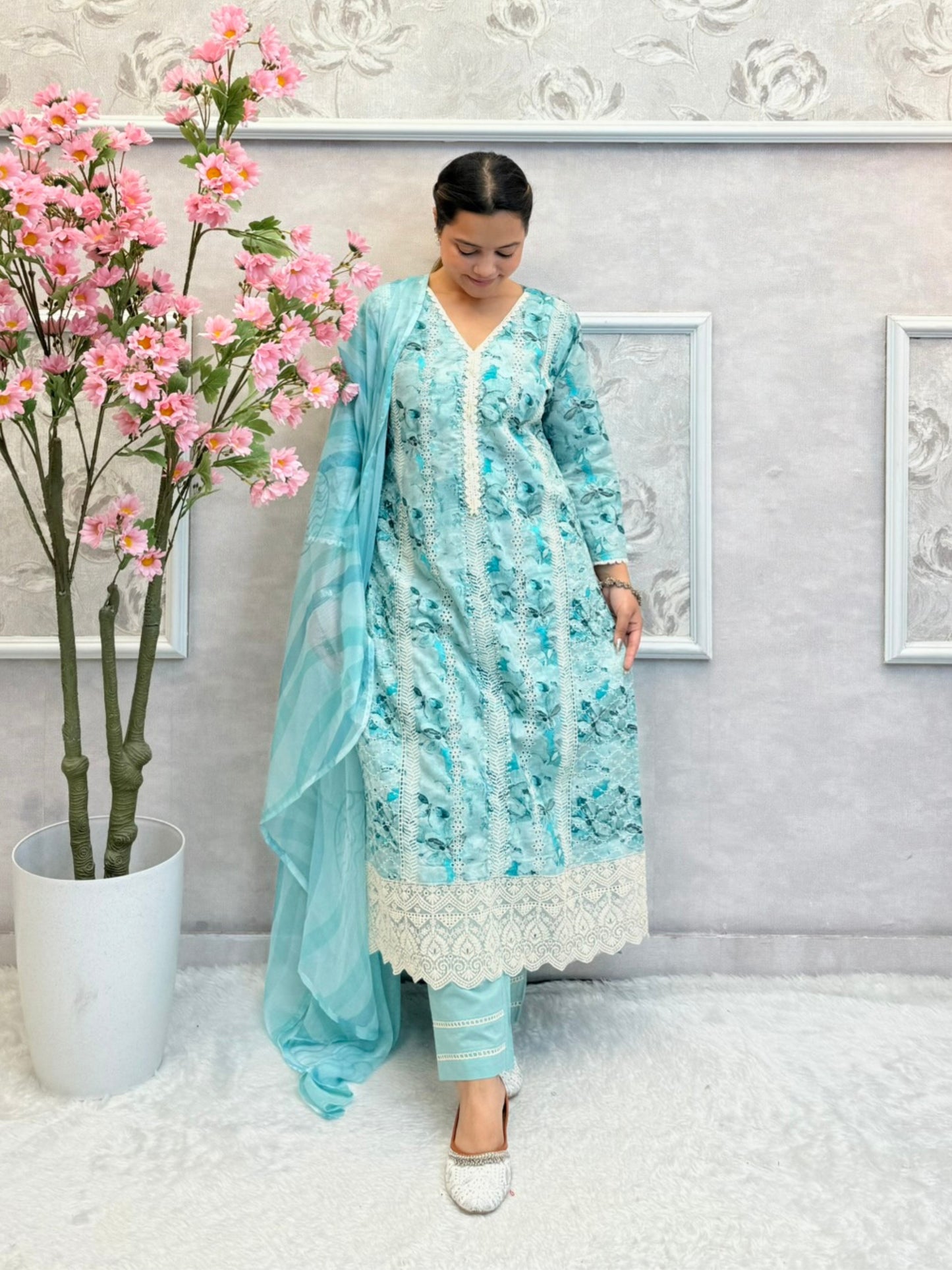 Aqua blue mulmul cotton kurta set with floral print, crochet lace, and chiffon dupatta