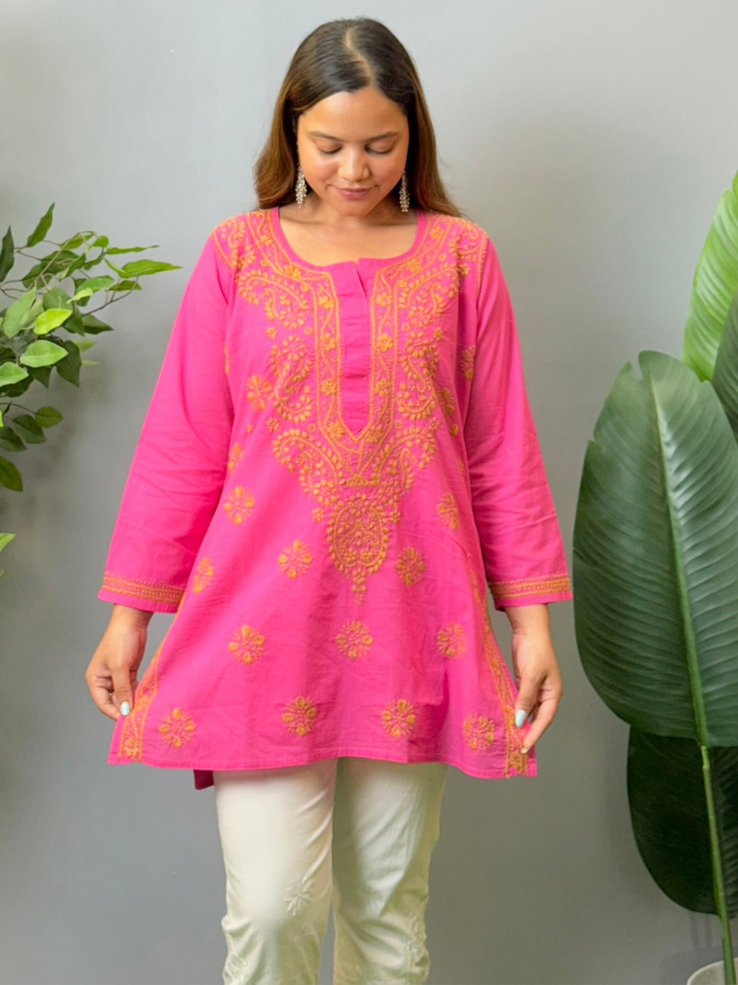 Hot pink cotton short chikankari kurta with hand embroidery