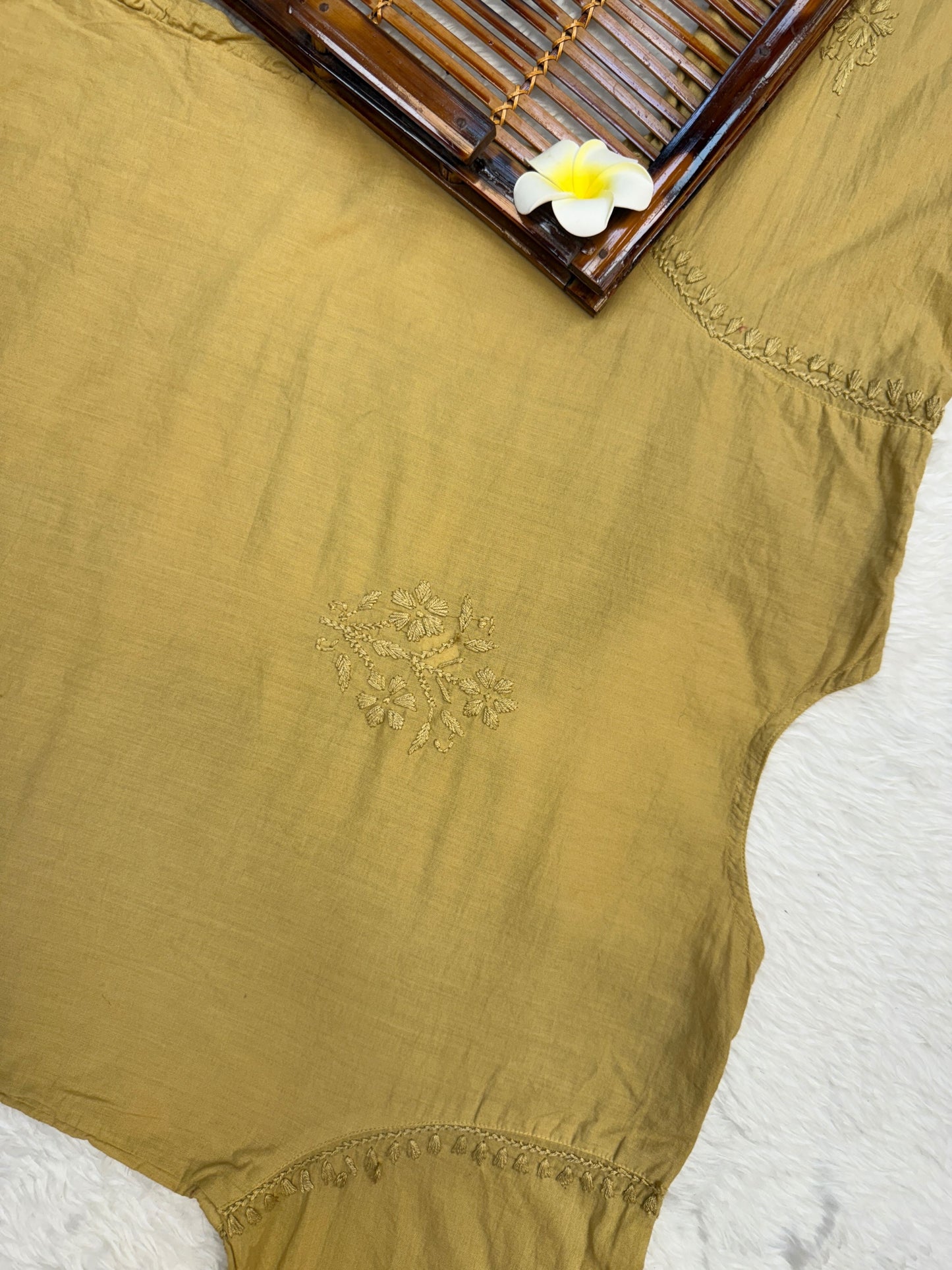 Lucknow Chikankari Mustard Cotton Pocket Style Short Kurta with Pant