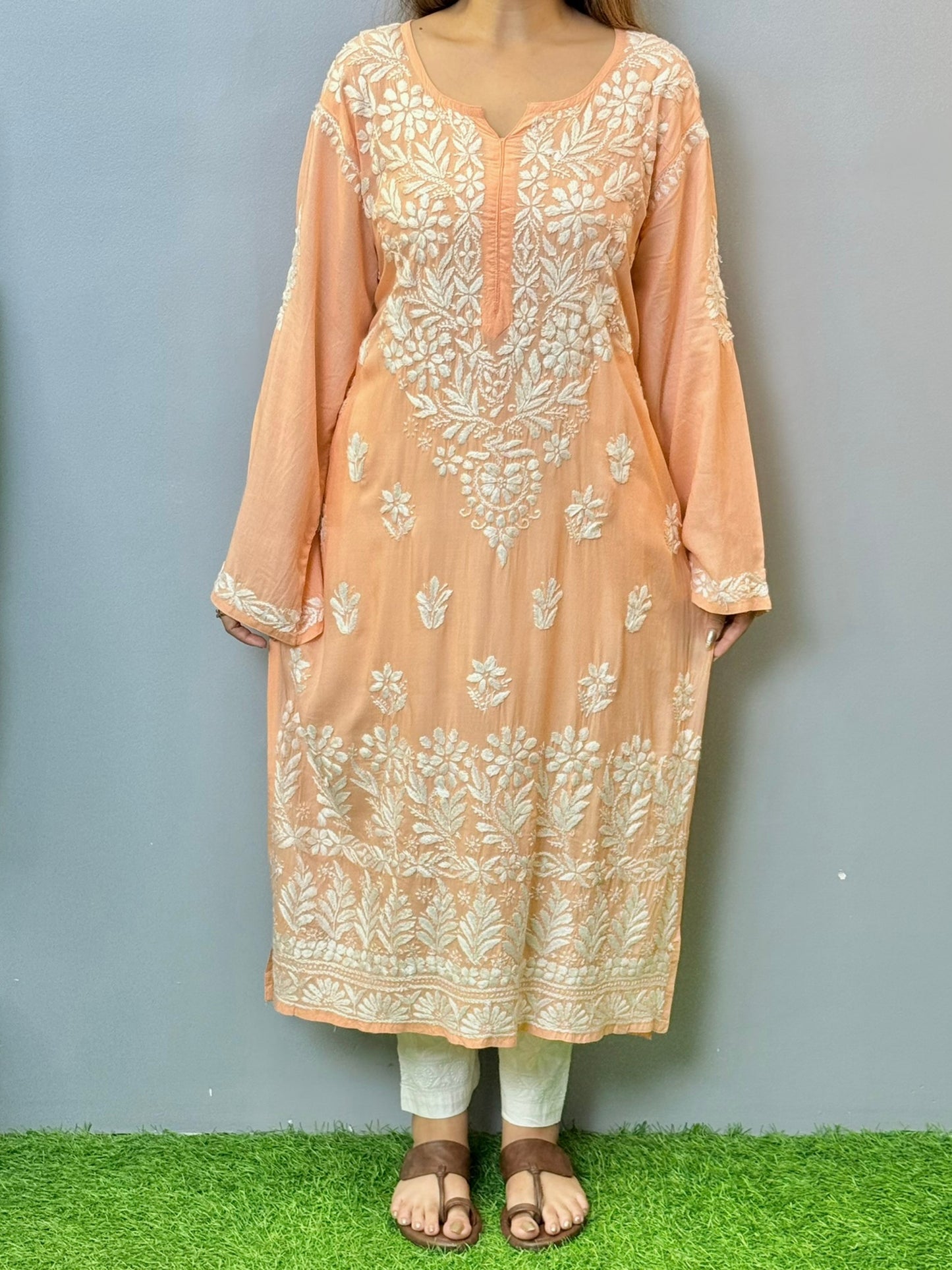 Peach modal Lucknowi Chikankari kurta with white hand embroidery