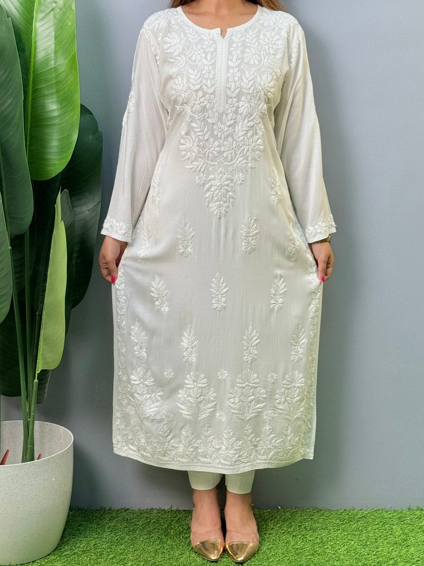 White dyable modal Chikankari kurta with tone-on-tone hand embroidery – soft and customizable ethnic wear for women