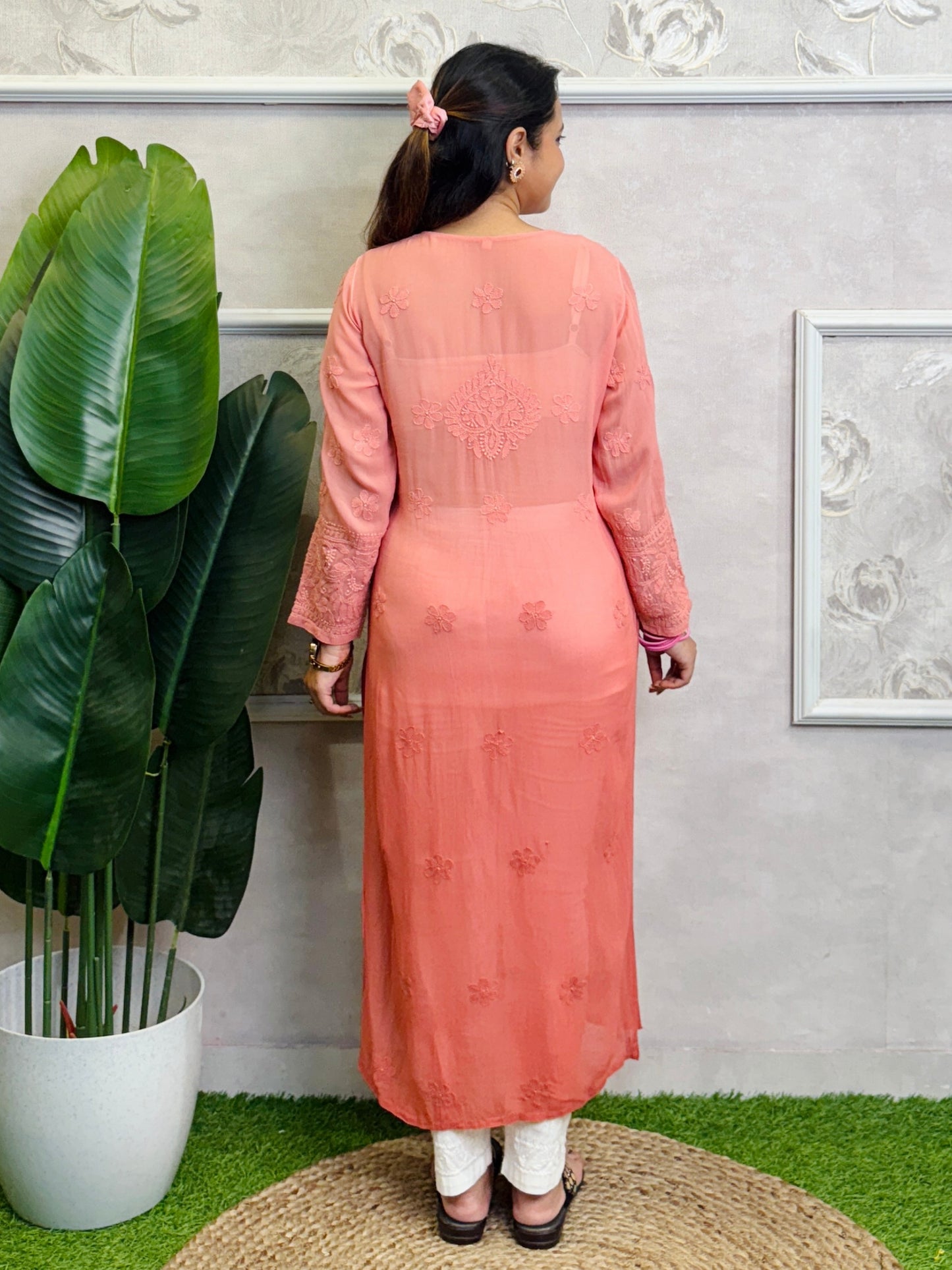 Translucent viscose Lucknow Chikankari kurta with hand embroidery.