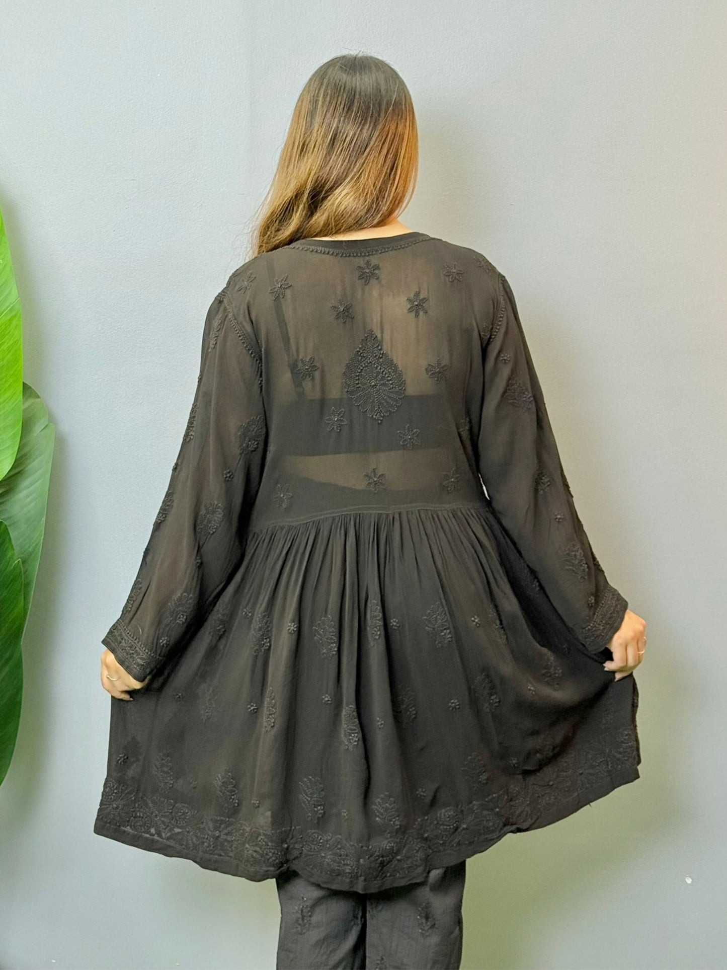 Black angrakha style short chikankari kurta in viscose fabric