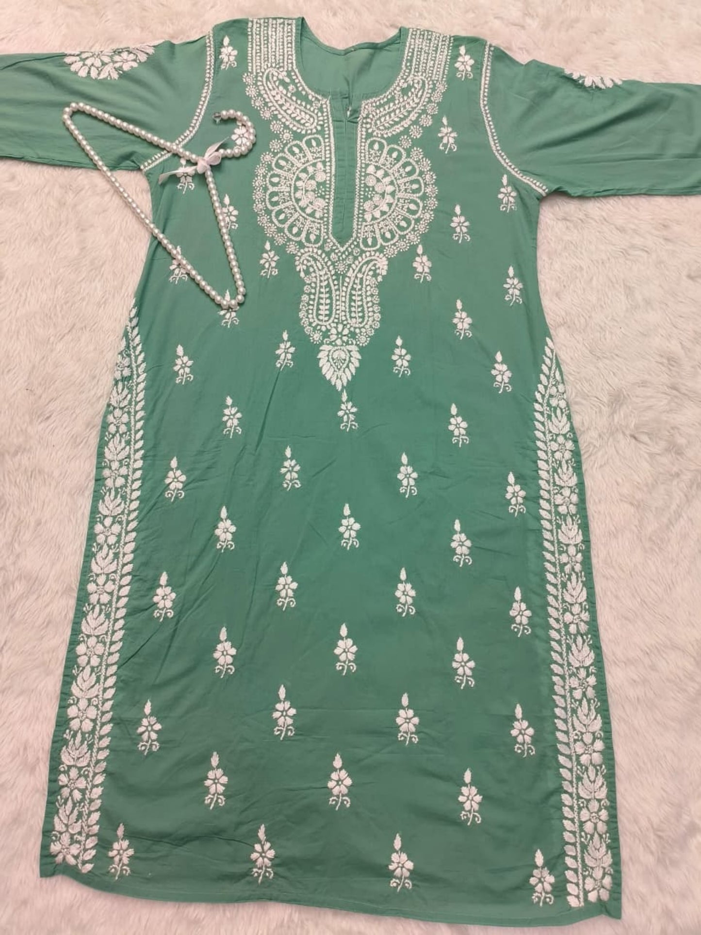 Green Cotton Lucknow Chikankari Kurta with hand embroidery – premium quality