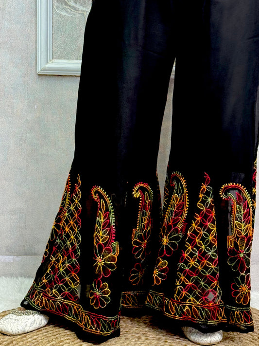 Black Lucknow Chikankari georgette sharara with multicolor hand embroidery and lining attached β festive ethnic wear