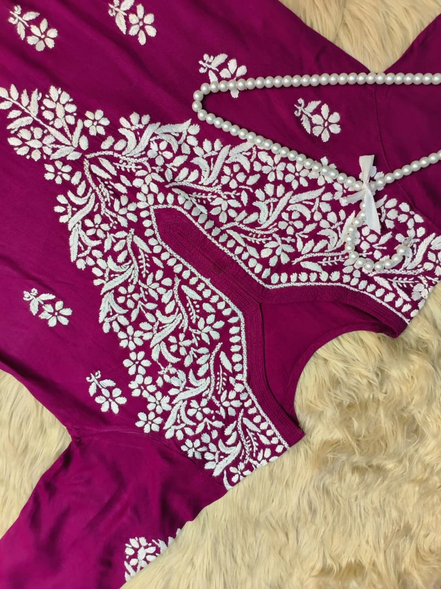 Dark Magenta Rayon Lucknow Chikankari Kurta with white hand embroidery