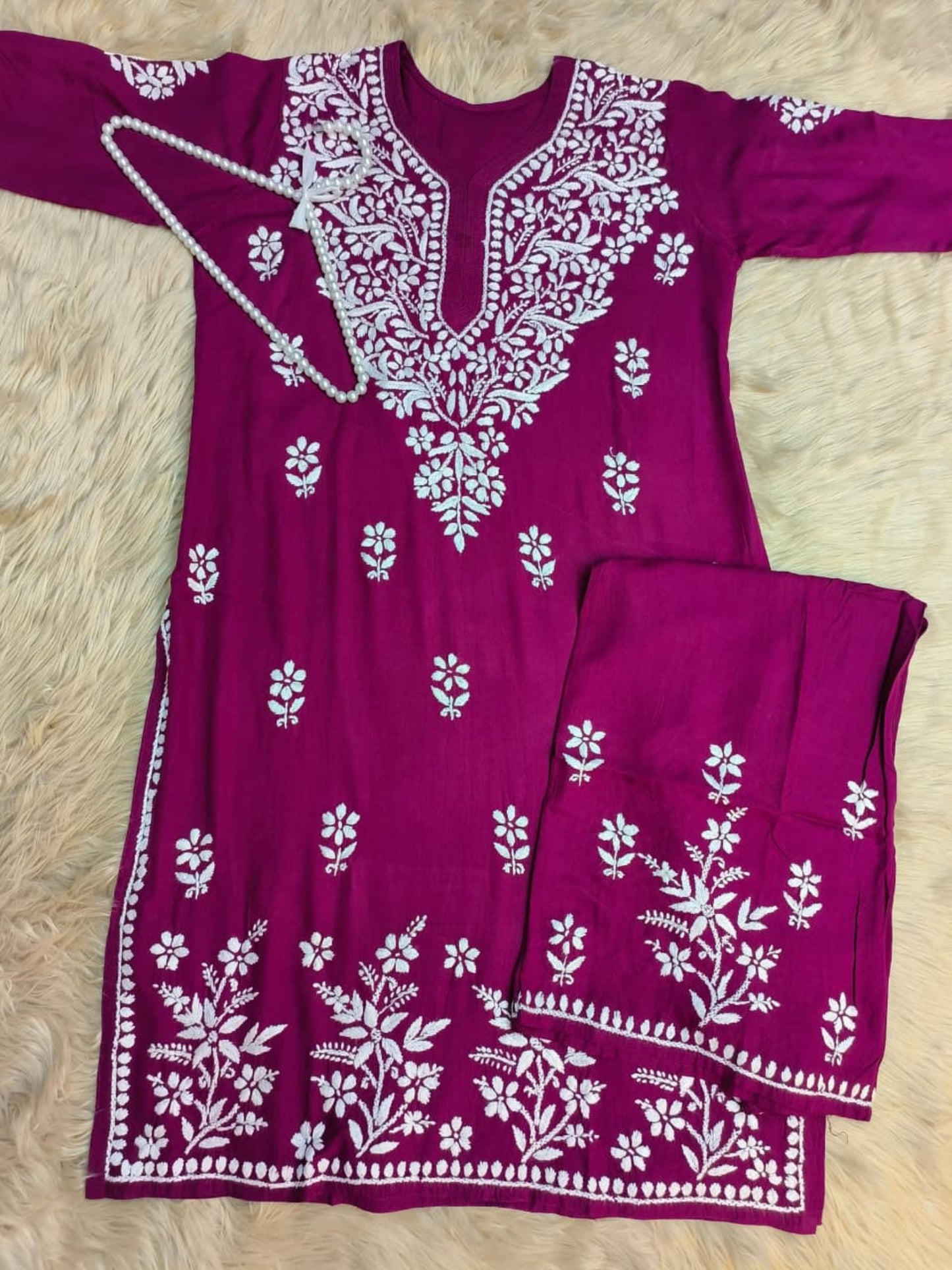 Dark Magenta Rayon Lucknow Chikankari Kurta with white hand embroidery