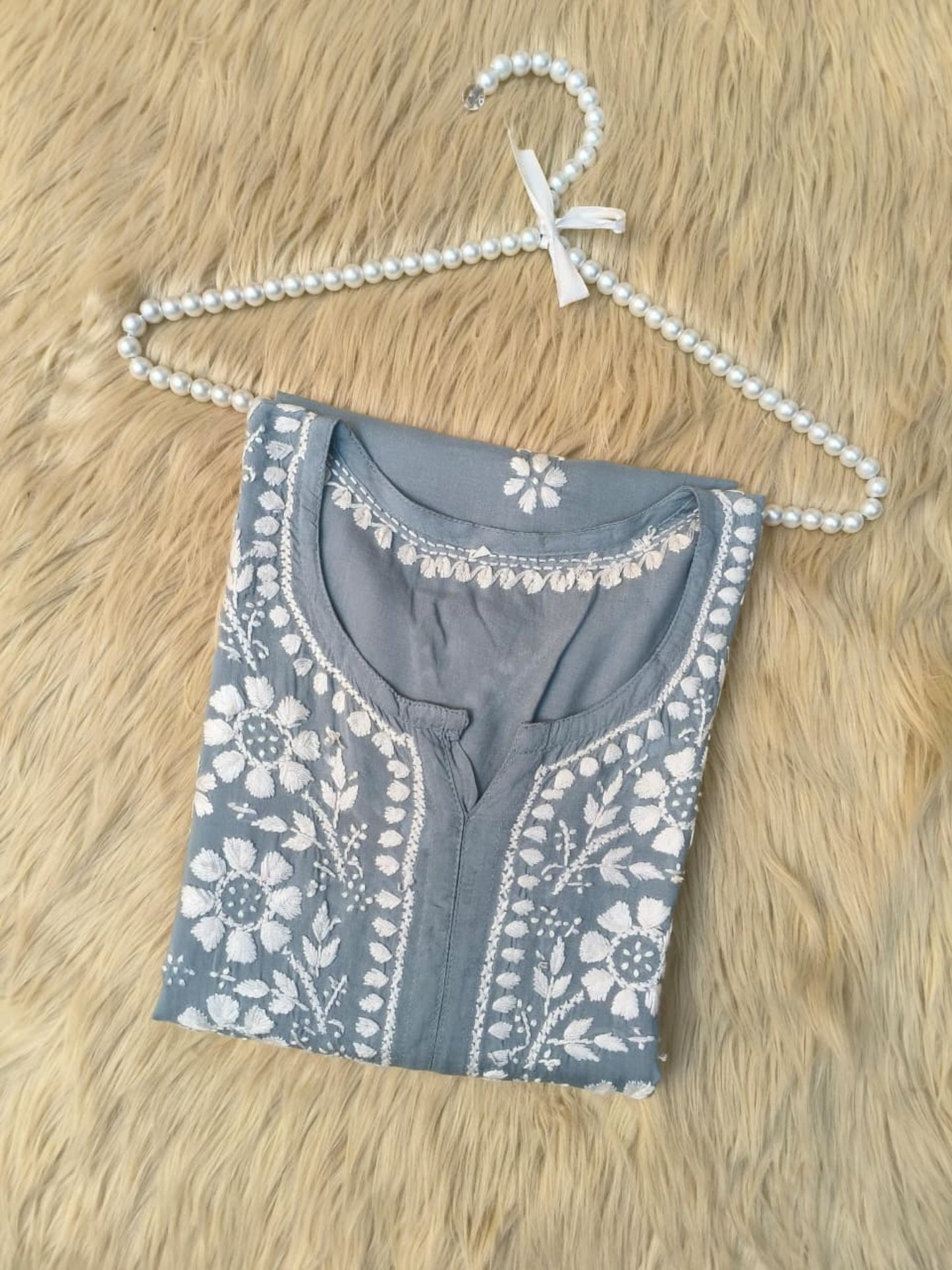 Grey blue modal fabric Lucknow Chikankari kurta with hand embroidery in white thread