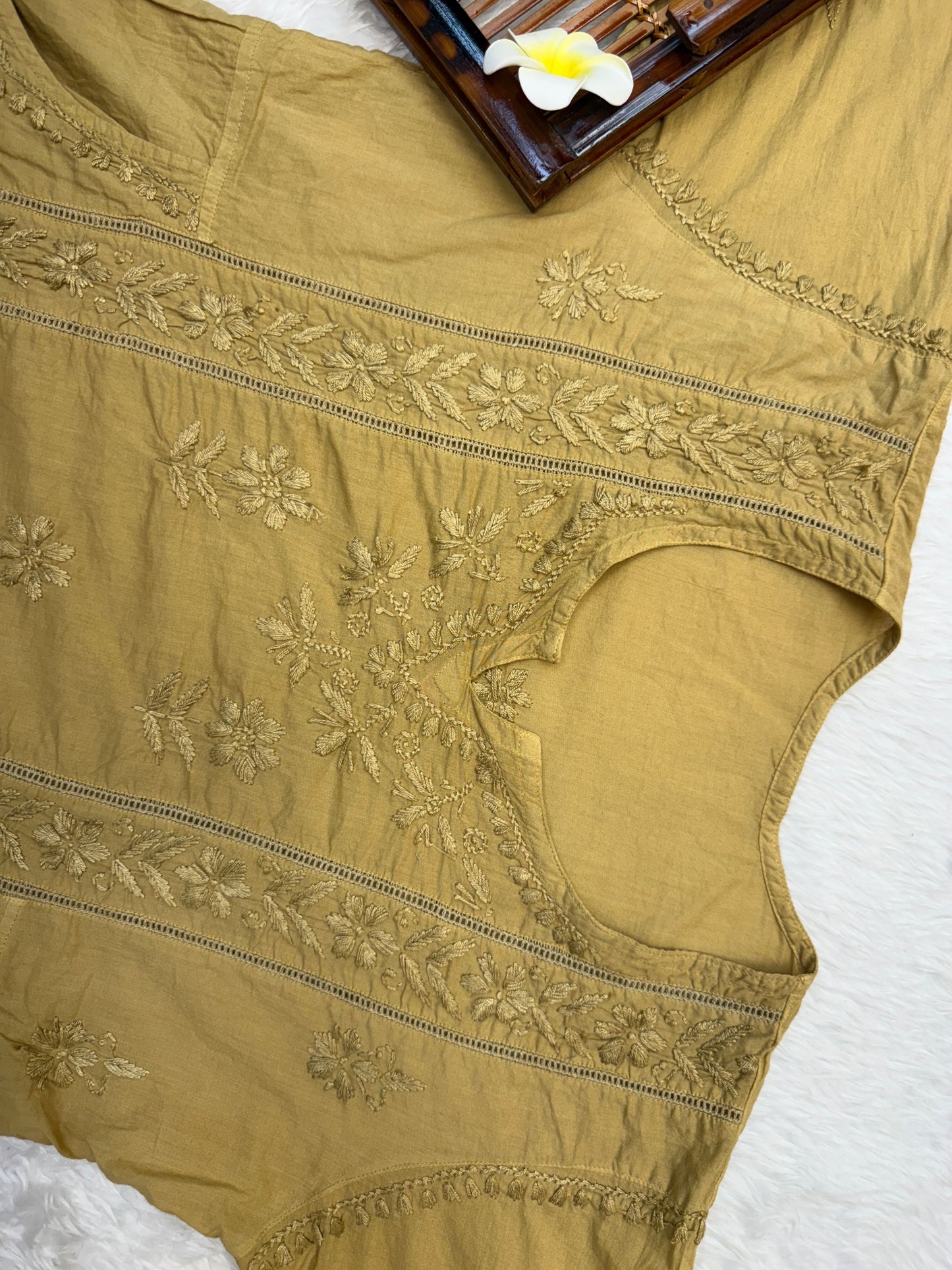 Lucknow Chikankari Mustard Cotton Pocket Style Short Kurta with Pant