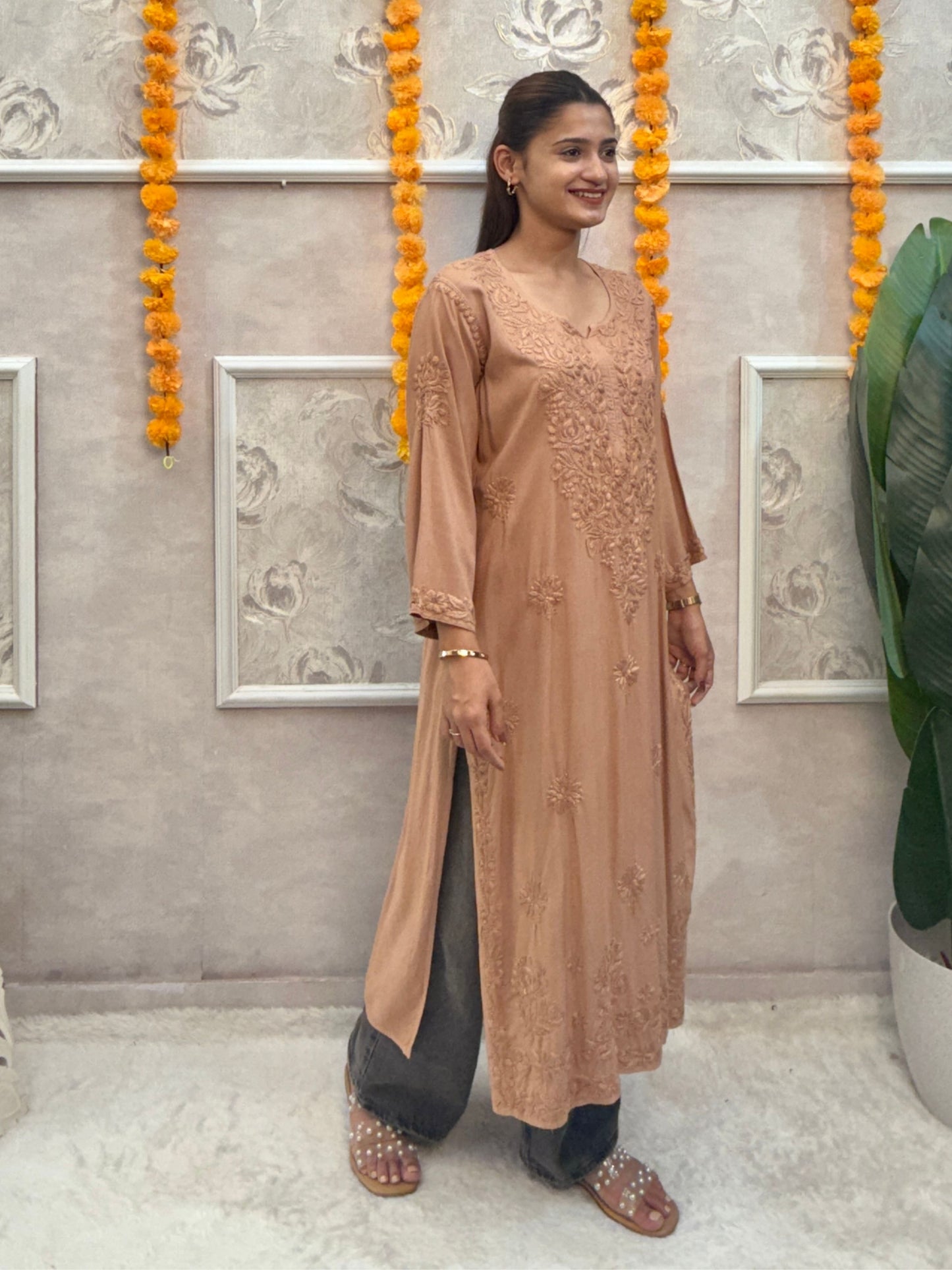 Beige rayon chikankari kurta with hand embroidery, premium quality