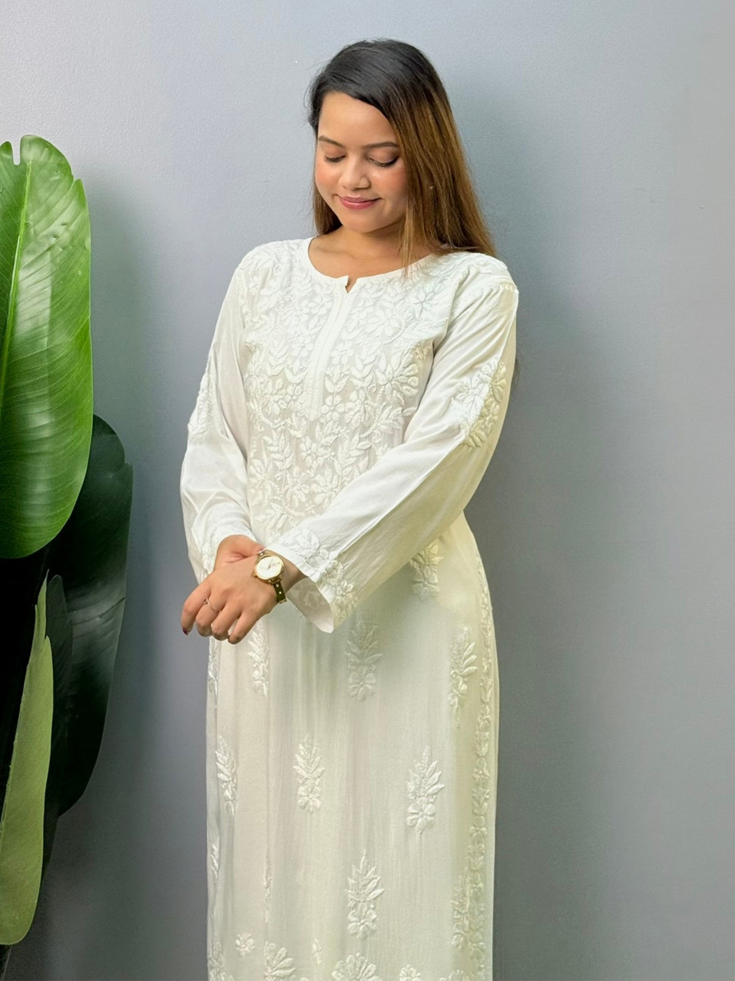 White dyable modal Chikankari kurta with tone-on-tone hand embroidery – soft and customizable ethnic wear for women