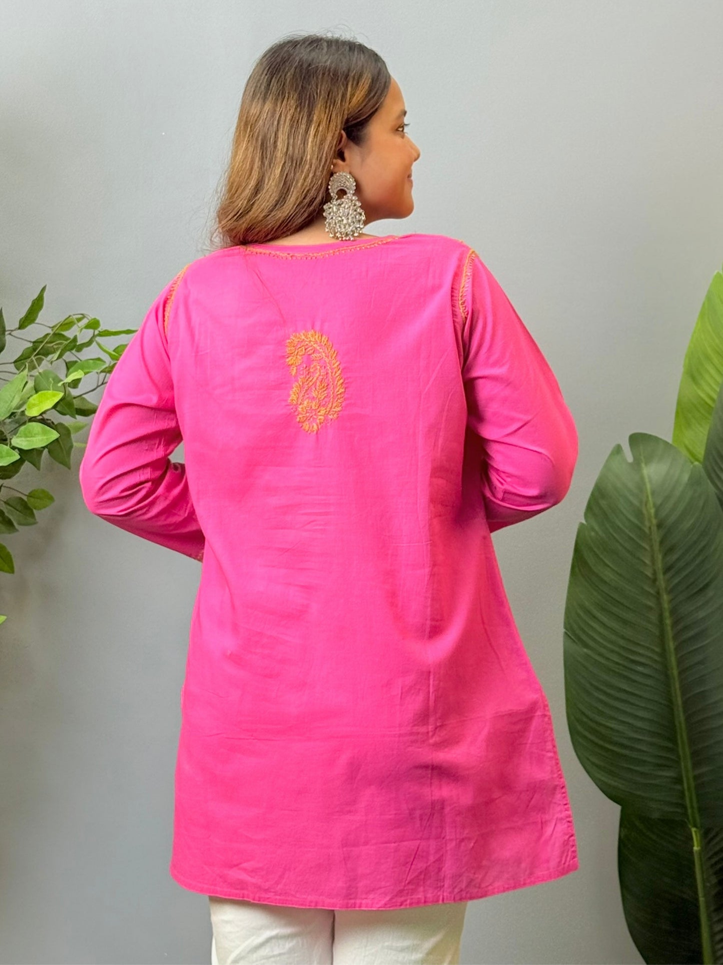 Hot pink cotton short chikankari kurta with hand embroidery
